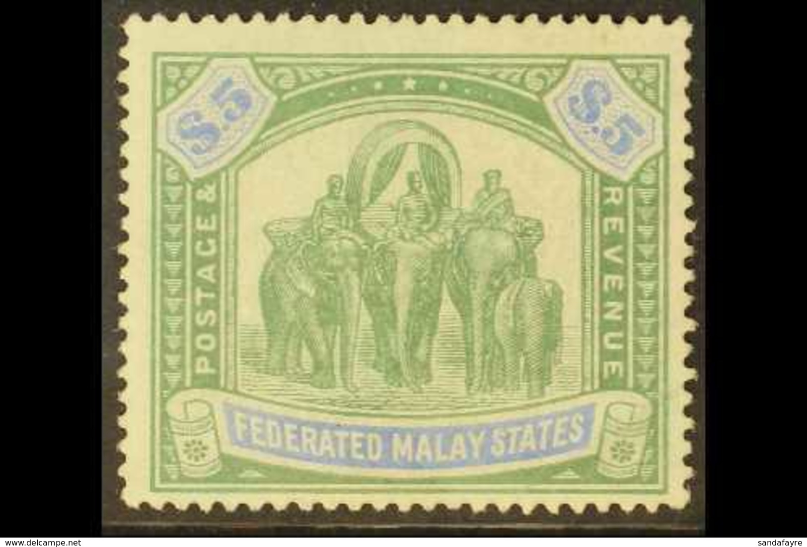 F.M.S.  1904-22 $5 Green And Blue Elephants, SG 50, Fine Mint. For More Images, Please Visit Http://www.sandafayre.com/i - Andere & Zonder Classificatie