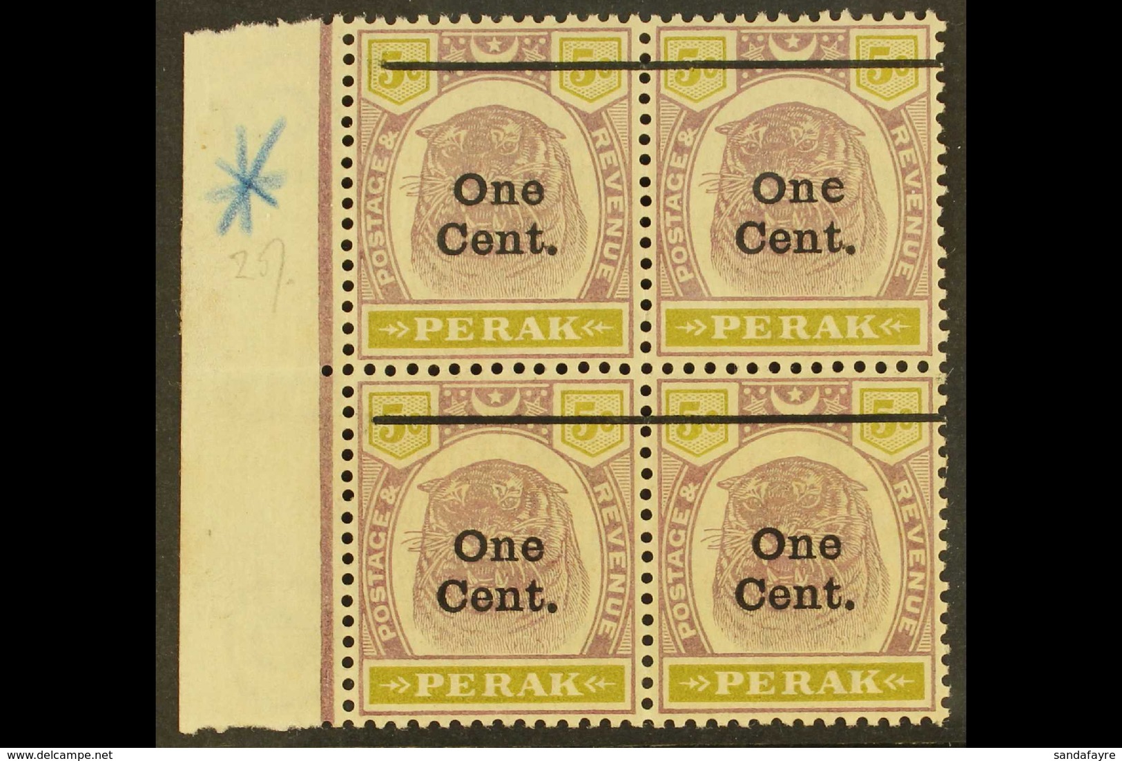 PERAK  1900 1c On 5c Dull Purple And Olive, Marginal Block Of 4, One Showing Variety "Antique E", SG 83, 83a, Very Fine  - Altri & Non Classificati