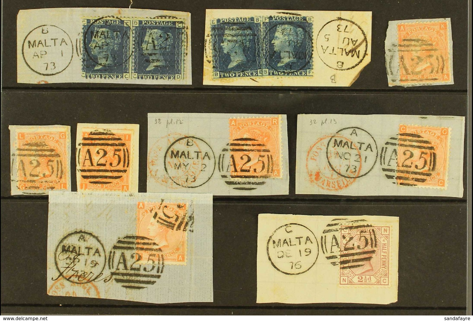 1859-84 GREAT BRITAIN USED IN.  A Selection Of Fine Used Stamps ON PIECES Tied By "A25" Malta Duplex Cancels, Includes 1 - Malta (...-1964)