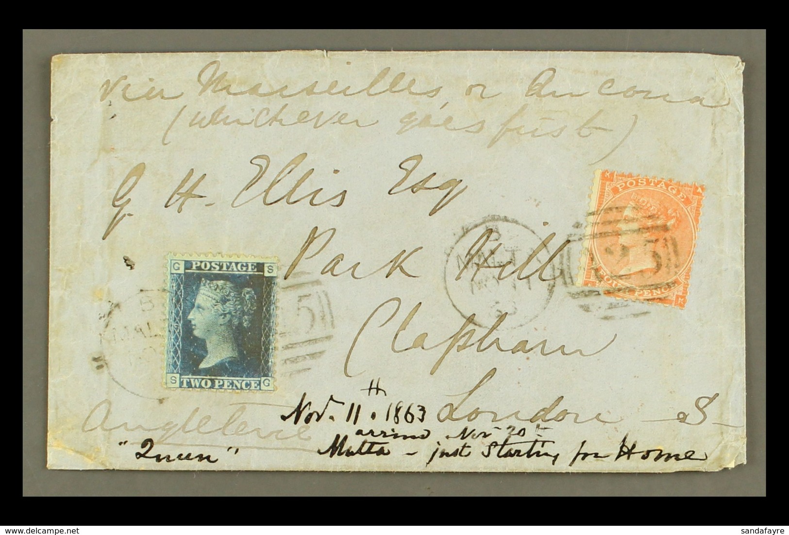 1863 COVER TO LONDON  Bearing Great Britain 2d Blue, Plate 9, Plus 1862-64 4d (this With Fault), These Tied By "MALTA /  - Malta (...-1964)