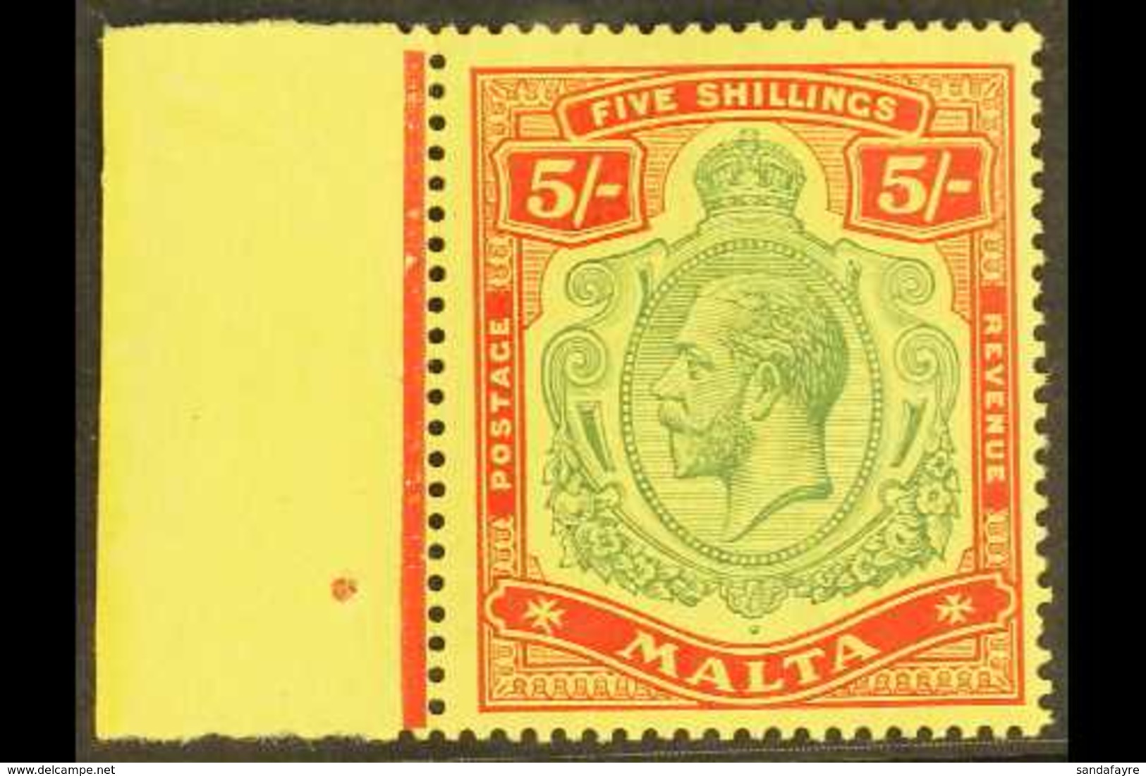 1914 - 21  5s Green And Red On Yellow, Wmk MCA, Very Fine Marginal NHM. For More Images, Please Visit Http://www.sandafa - Malta (...-1964)