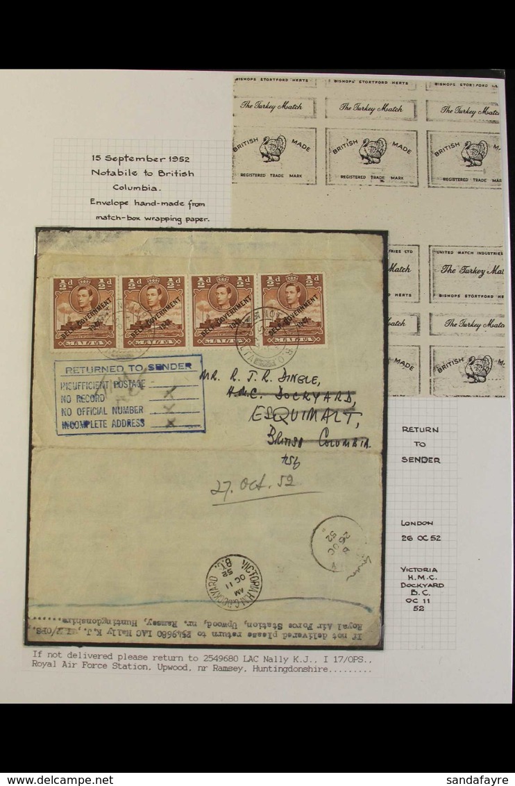 1948-53 "SELF-GOVERNMENT" OVERPRINTS EXHIBITION-LEVEL COVERS COLLECTION  Informatively Written Up On Leaves, Includes Ch - Malta (...-1964)