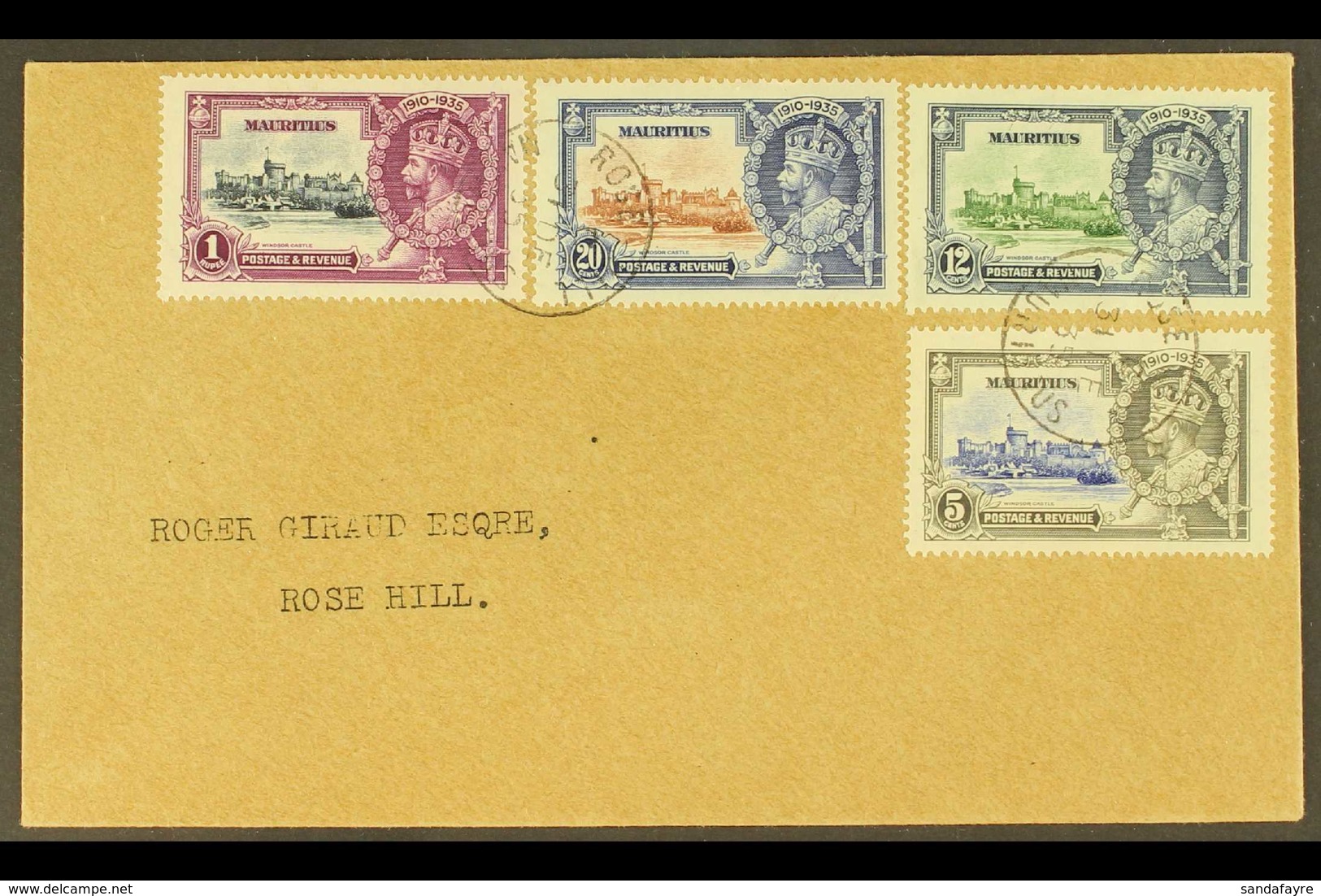 1935  (31 Dec) Local Cover Bearing Silver Jubilee Set (SG 245/48) Tied By Rose Hill Cds's, The 20c With "diagonal Line B - Mauritius (...-1967)