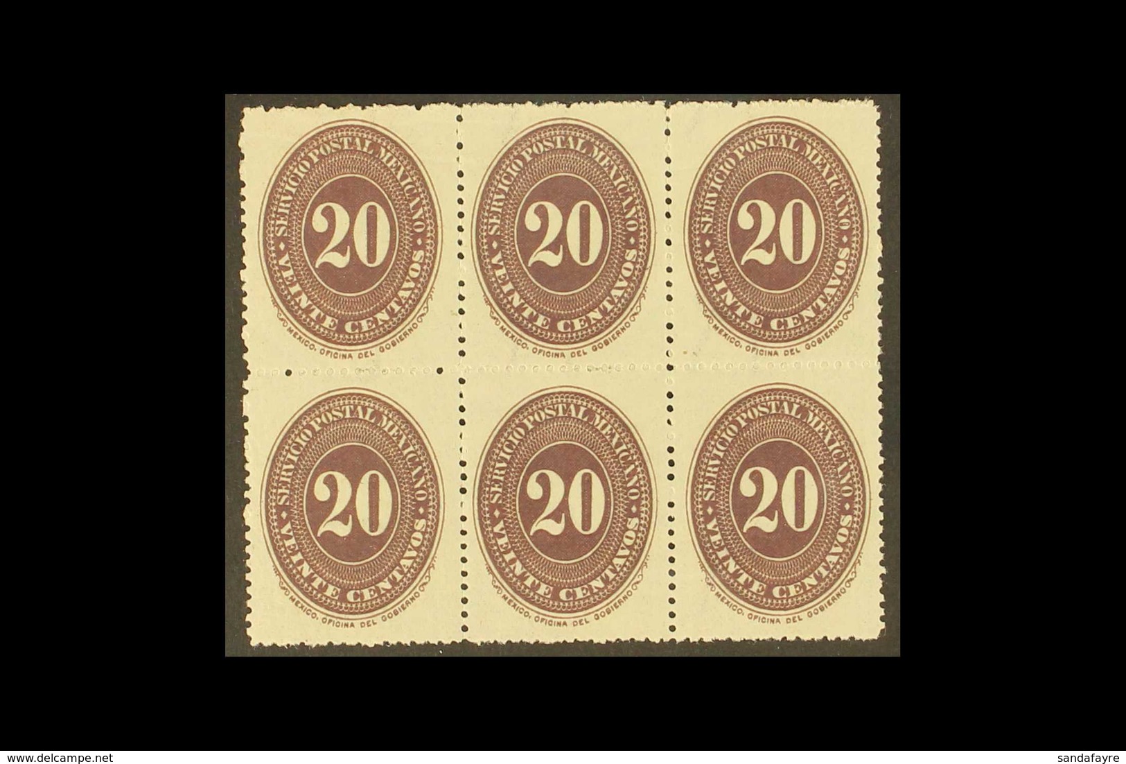 1890-95  20c Dark Violet On Watermarked Wove Paper, Perf 12, Scott 220A (see Note After SG 174), Never Hinged Mint BLOCK - Mexiko