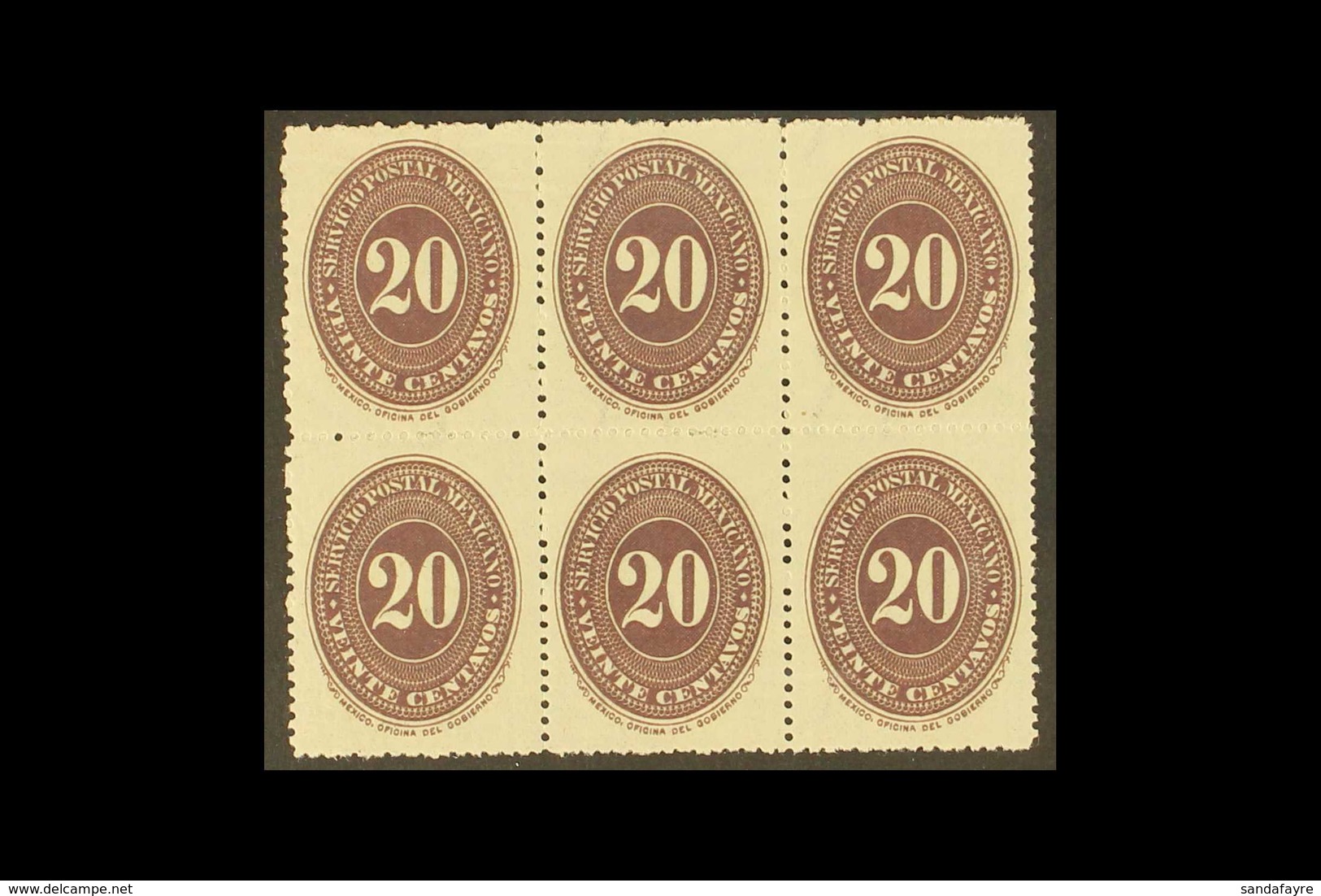 1890-95  20c Dark Violet On Watermarked Wove Paper, Perf 12, Scott 220A (see Note After SG 174), Never Hinged Mint BLOCK - Messico