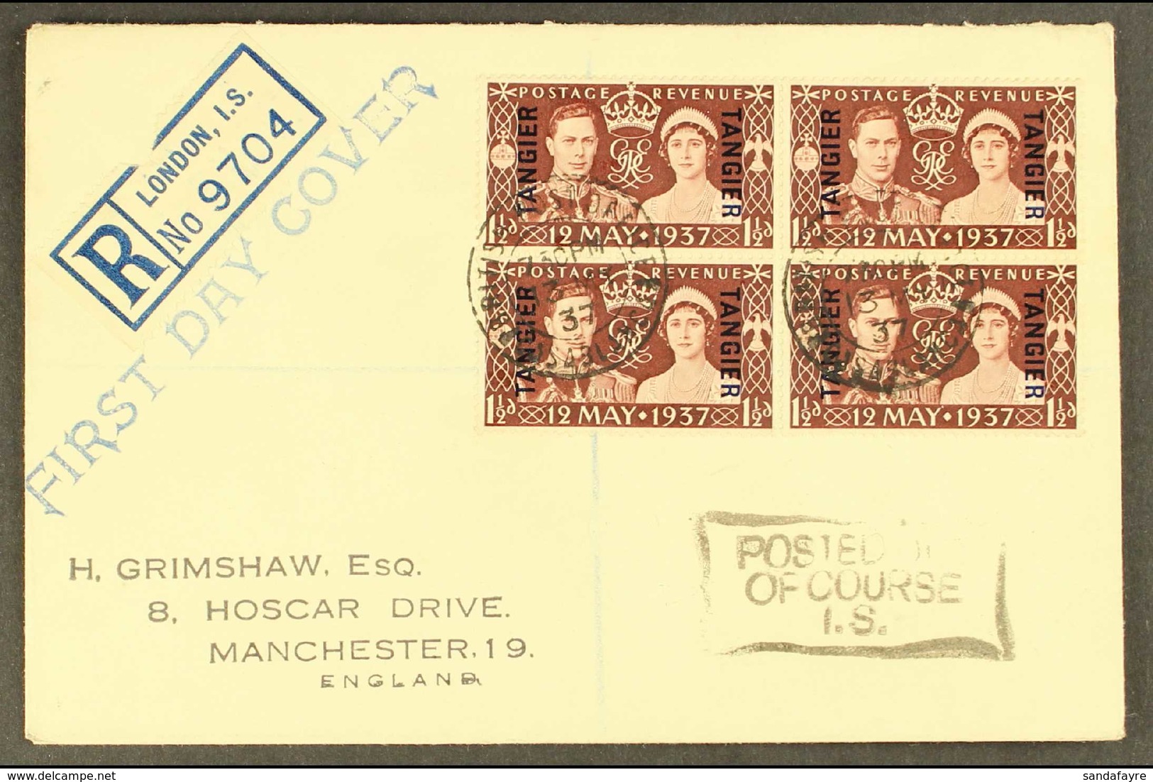 TANGIER  1937 (13 May) Registered FDC To England Bearing 1½d Coronation Overprinted "TANGIER" Block Of Four, SG 244, Tie - Altri & Non Classificati