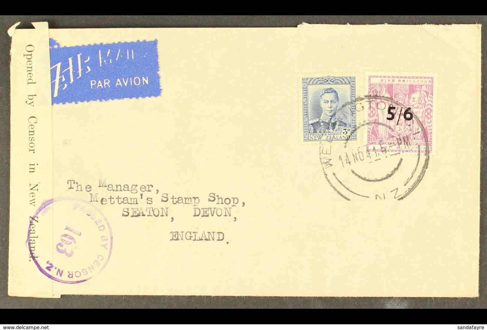 POSTAL FISCAL COVER  1941 Airmailed & Censored Cover To UK, Franked 5/6 On 5s6d Lilac With 3d Blue KGVI Definitive, SG F - Andere & Zonder Classificatie