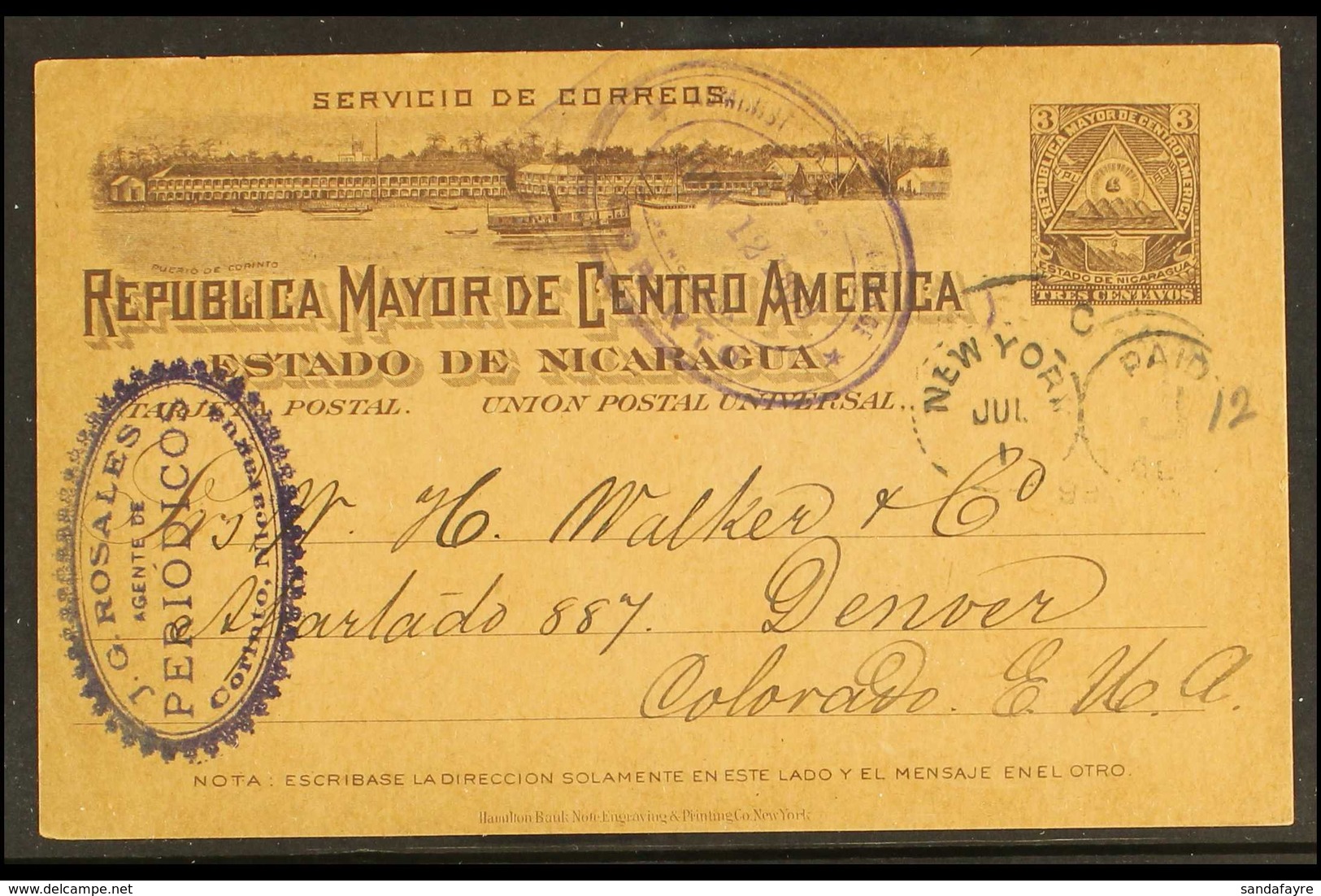 POSTAL STATIONERY  1899 3c Grey Postal Stationery Card To Colorado, USA, With Violet Oval CORINTO Postmark, New York Tra - Nicaragua