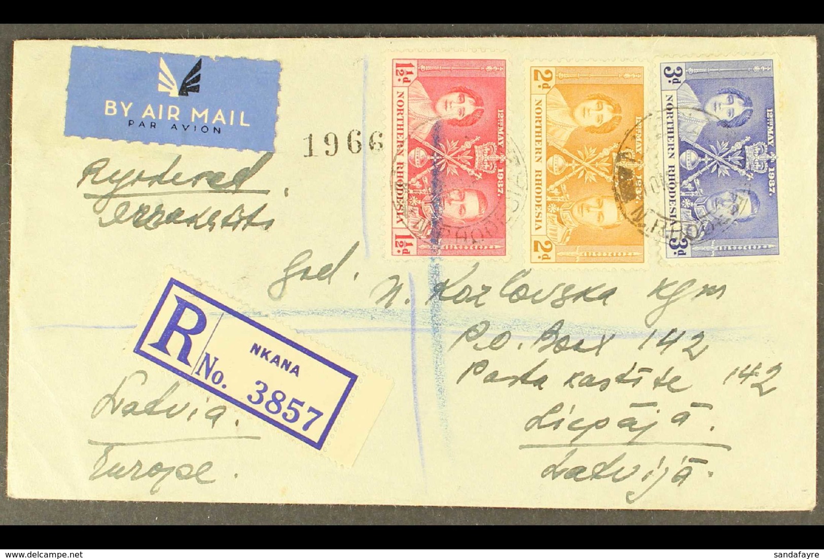 1938 SCARCE REGISTERED COVER TO LATVIA  1938 (10 May) Airmail Cover To Latvia Bearing 1937 Coronation Complete Set, SG 2 - Noord-Rhodesië (...-1963)
