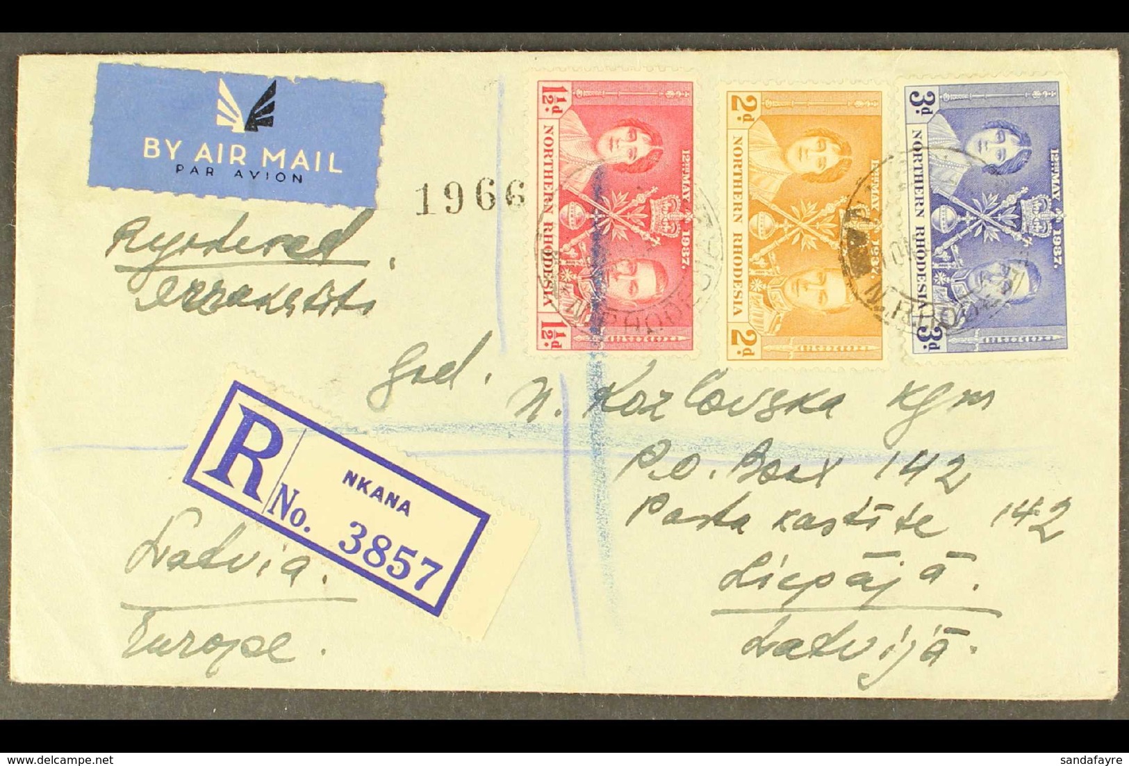 1938 SCARCE REGISTERED COVER TO LATVIA  1938 (10 May) Airmail Cover To Latvia Bearing 1937 Coronation Complete Set, SG 2 - Rhodesia Del Nord (...-1963)