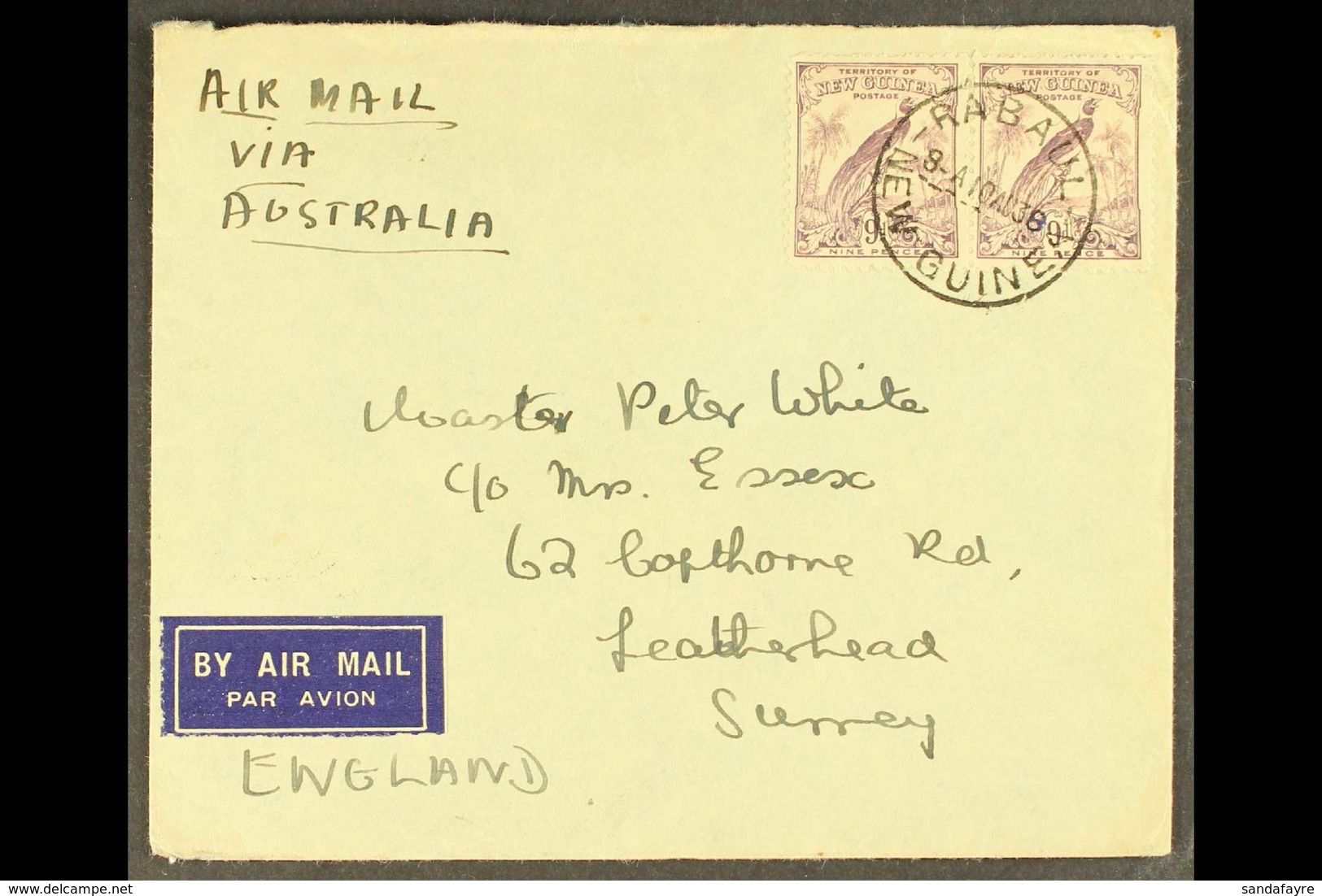 POSTAL HISTORY  1938 Airmailed Cover To England, Franked 1932-4 9d Violet Pair, SG 184, Neat RABAUL C.d.s. Postmark, Bri - Papoea-Nieuw-Guinea