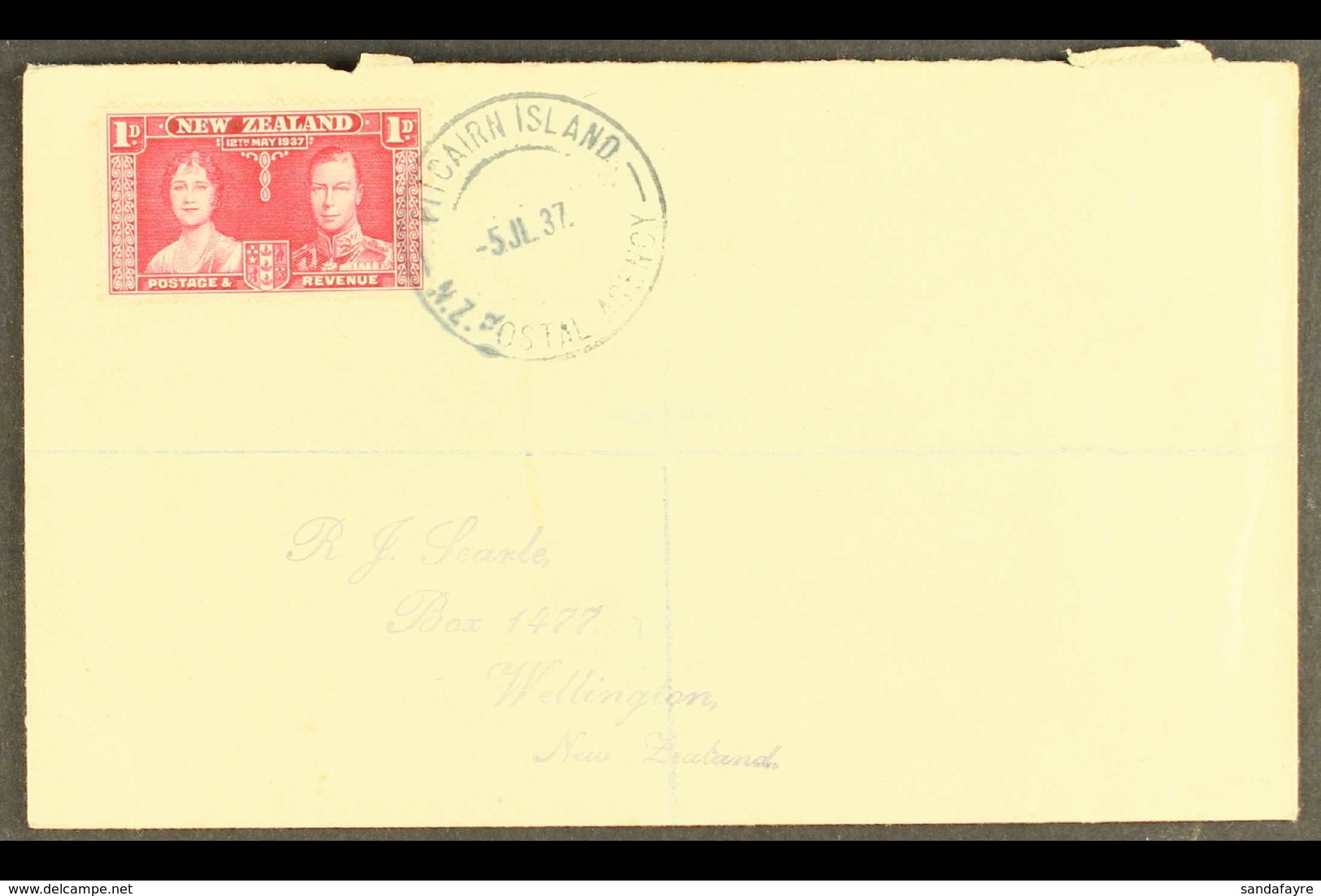 1937  1d Coronation On Cover To New Zealand Tied By "PITCAIRN ISLAND / N.Z. POSTAL AGENCY" Cds Of 5 JL, 37, SG Z54. For  - Pitcairn