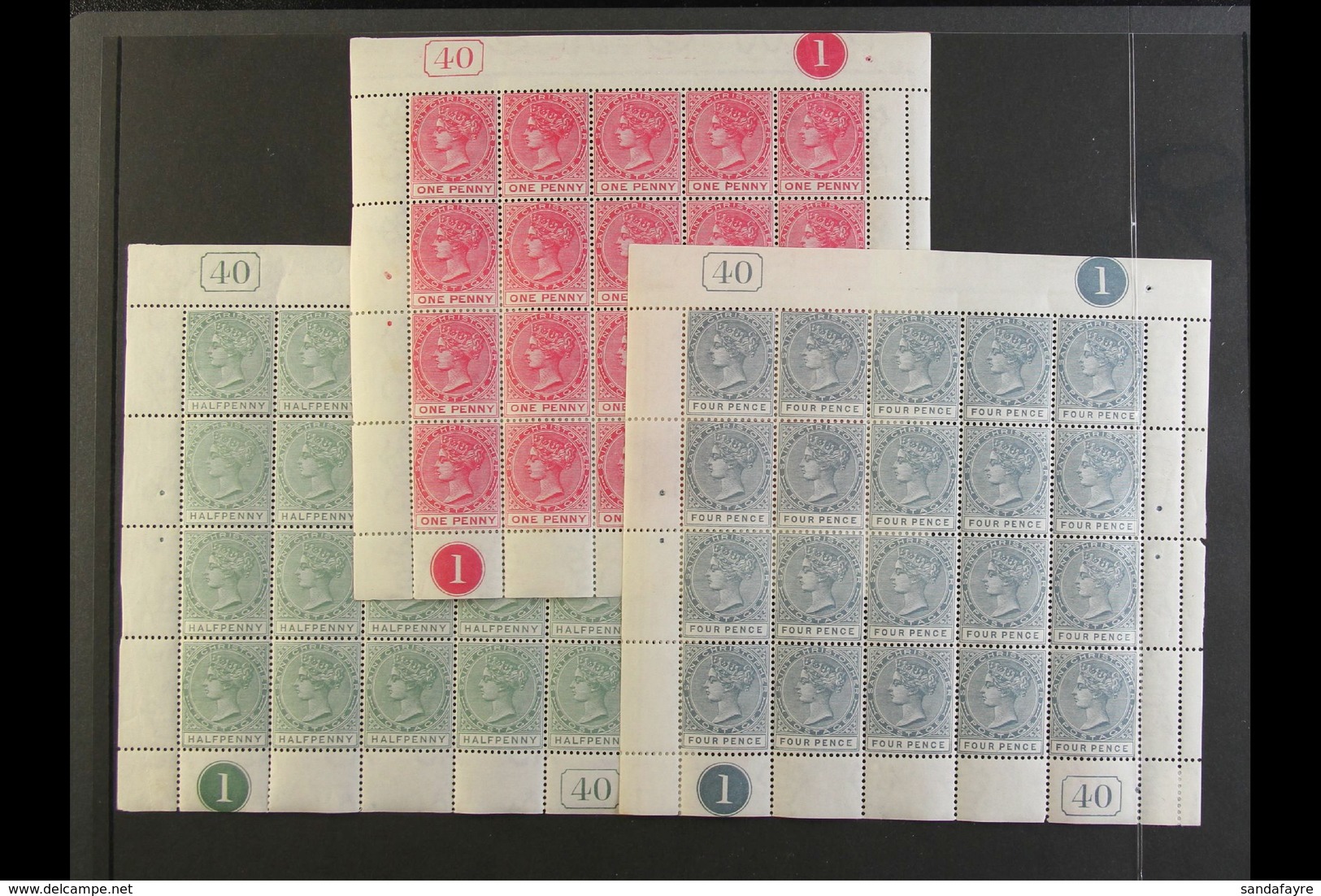 1882-90 COMPLETE SHEETS  1882-90 Watermark Crown CA ½d Dull Green, SG 11, 1d Carmine-rose, SG 13, Plus 4d Grey, SG 18, E - St.Cristopher-Nevis & Anguilla (...-1980)