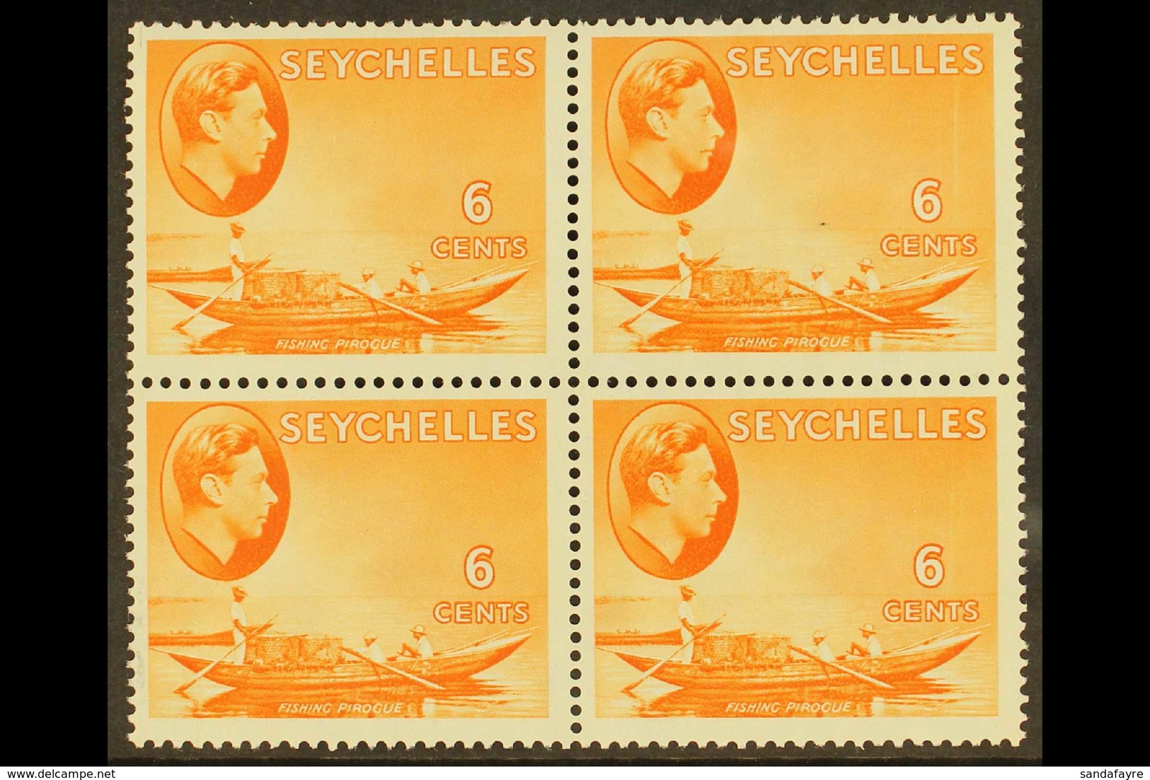 1938-49 NHM MULTIPLE  6c Orange On Chalky Paper, SG 137, Block Of 4, Never Hinged Mint. Lovely, Post Office Fresh Condit - Seychelles (...-1976)