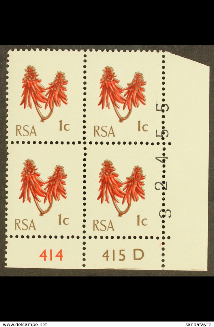 RSA VARIETY  1969 1c Rose-red & Olive-brown, Cylinder 414 415 D With Sheet Number Partially Printed On Stamps, SG 277, N - Zonder Classificatie