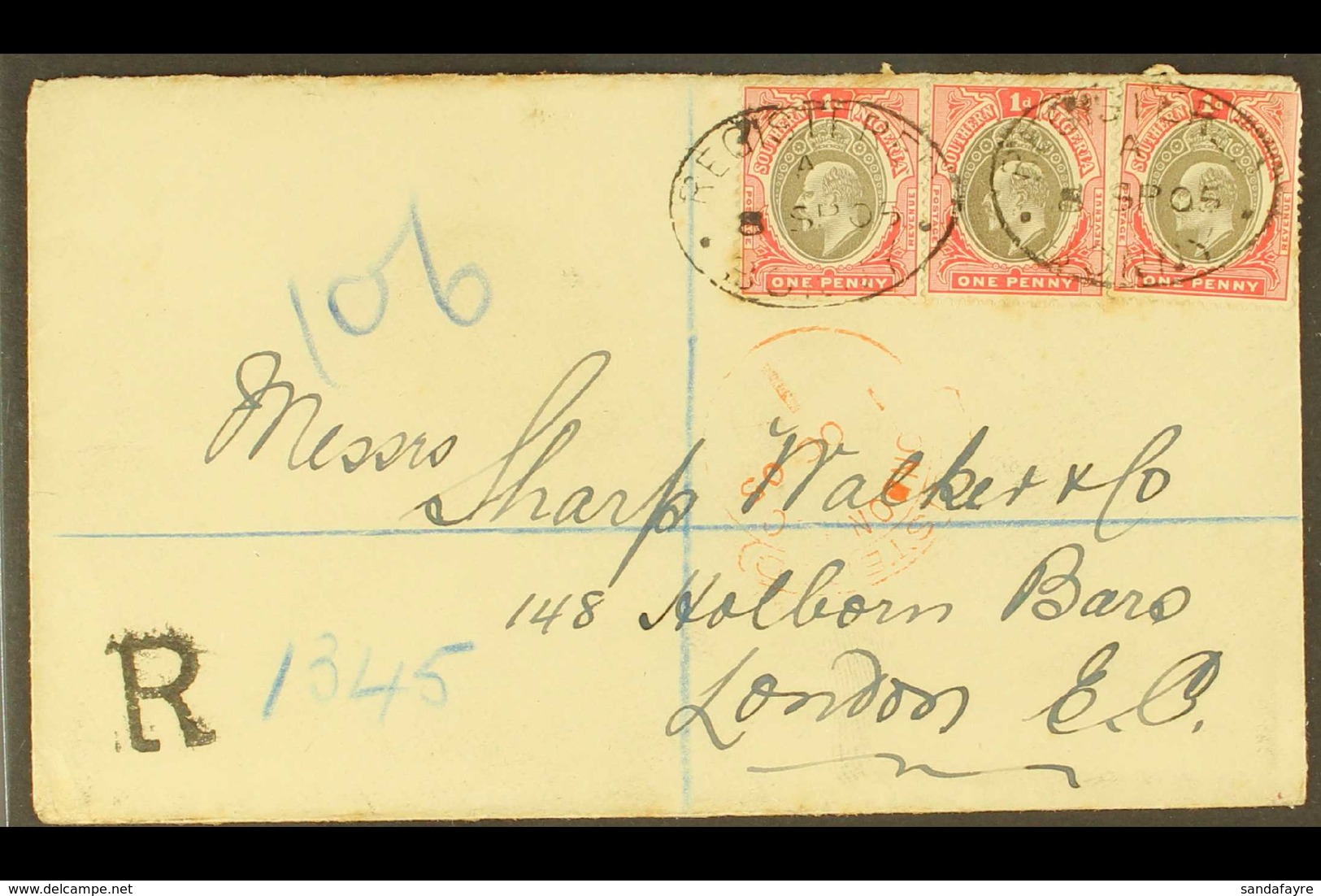 1905  (Sept 8th) Registered Cover To London bearing 1d X3 Tied By BONNY Oval Cancels, London "Hooded" Circle In Red. Som - Nigeria (...-1960)