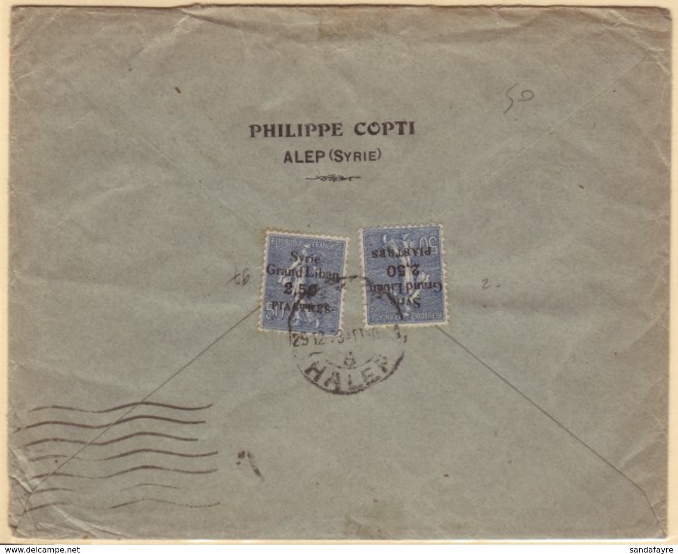 1923  Commercial Cover To France, Franked Two 1923 2.50pi On 50c "Syrie Grand Liban" Overprints, SG 105, HALEP C.d.s. Ca - Syrien