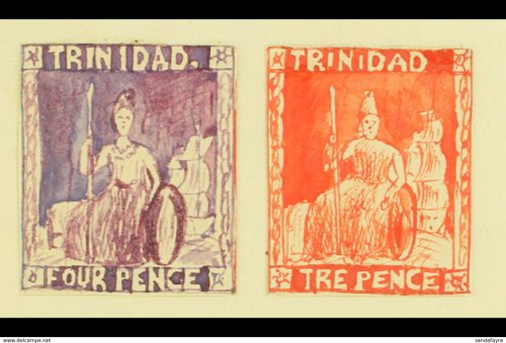 1861 HAND PAINTED STAMPS  Unique Miniature Artworks Created By A French "Timbrophile" In 1861. Two Stamps Similar To Ear - Trinidad & Tobago (...-1961)