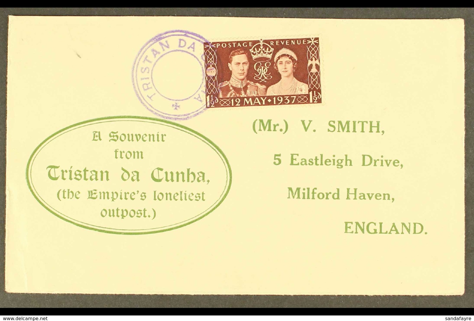 1937  1½d Coronation Of Great Britain On Printed Cover To England Tied By Very Fine "TRISTAN DA CUNHA" Triple Ring Cache - Tristan Da Cunha