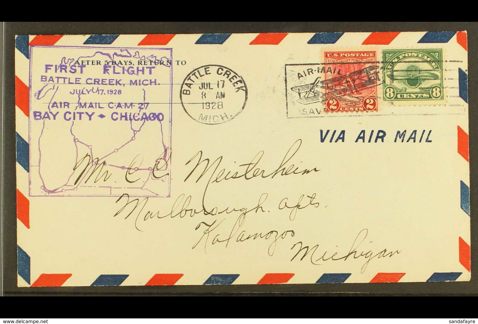 1928 FIRST FLIGHT COVER  (July 17th) Battle Creek To Karlamazoo Bearing 8c Air Mail (Scott C4) & 2c Valley Forge Tied By - Autres & Non Classés