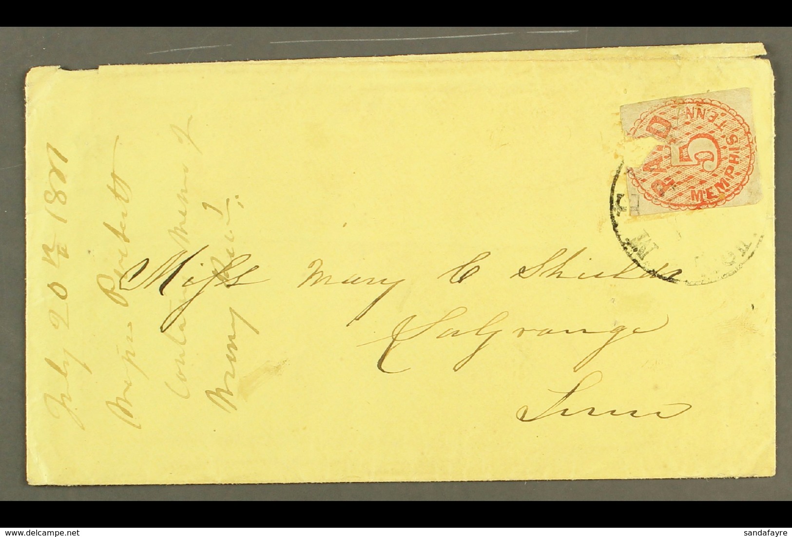 1861 MEMPHIS POSTMASTER'S PROVISIONAL ON COVER.  1861 5c Red Local Stamp, Scott 56X2, Faulty Example Used On Cover Tied  - Andere & Zonder Classificatie