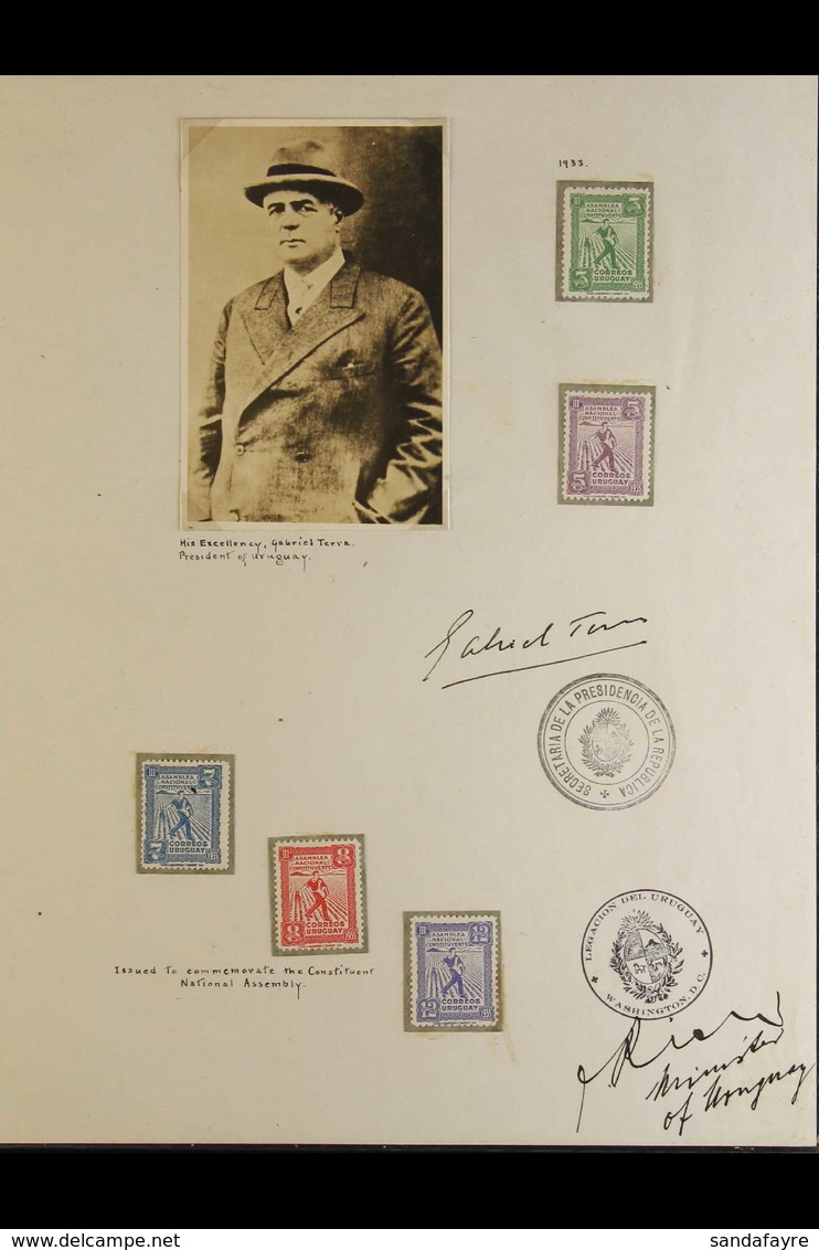 1933 THIRD NATIONAL ASSEMBLY ISSUE - SIGNED PAGE  Interesting Display Page Featuring A Photograph Of Gabriel Terra, Pres - Uruguay