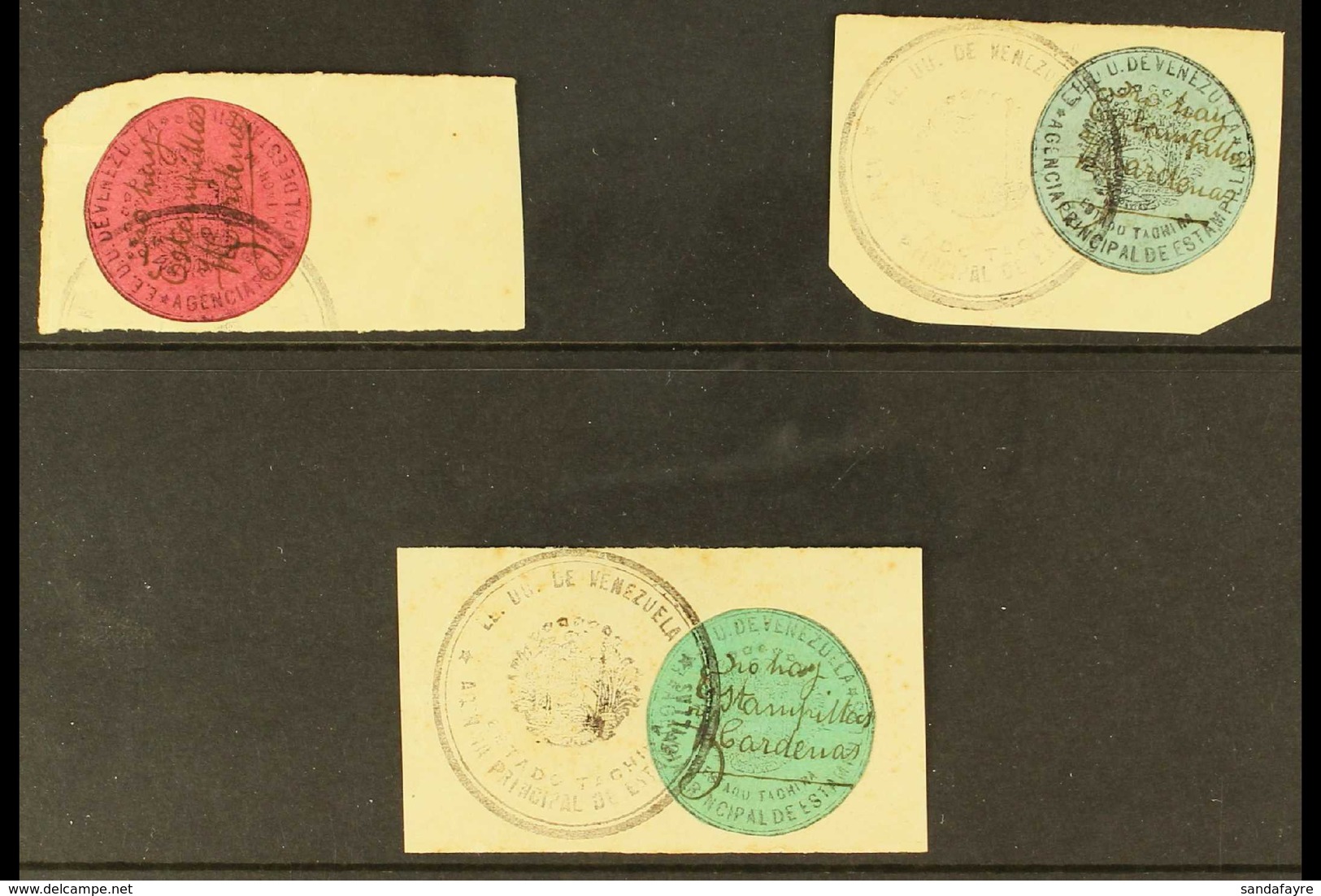 TACHIRA LOCAL STAMPS  1906 Circular Arms Complete Set, Fine Used On Pieces Tied By Large Circular Cancels. Very Attracti - Venezuela