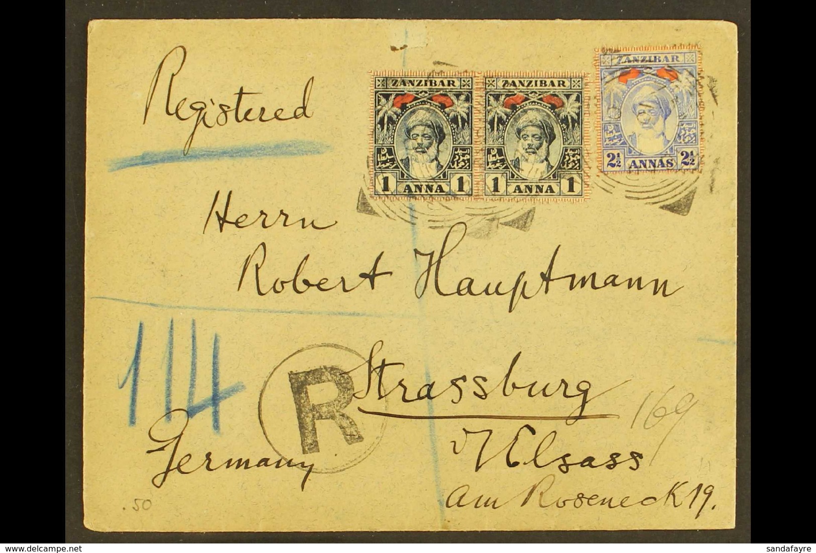 1900  (10th April) Registered Envelope To Germany Bearing 1899-1901 1a Pair (SG 1890 & 2½a (SG 192) Tied By Multiple Squ - Zanzibar (...-1963)