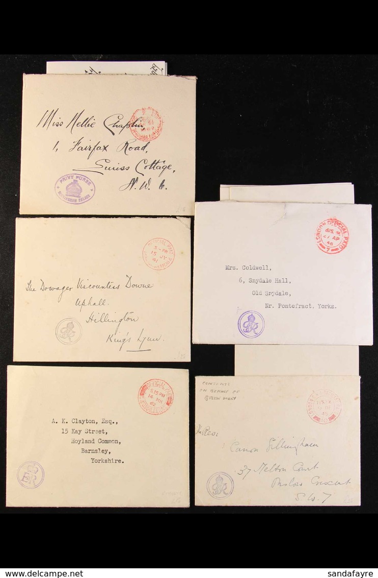 OFFICIAL ROYAL HOUSEHOLD MAIL  1929-1962 Interesting Group Of Stampless Royal Crest Envelopes (three With Original Lette - Altri & Non Classificati