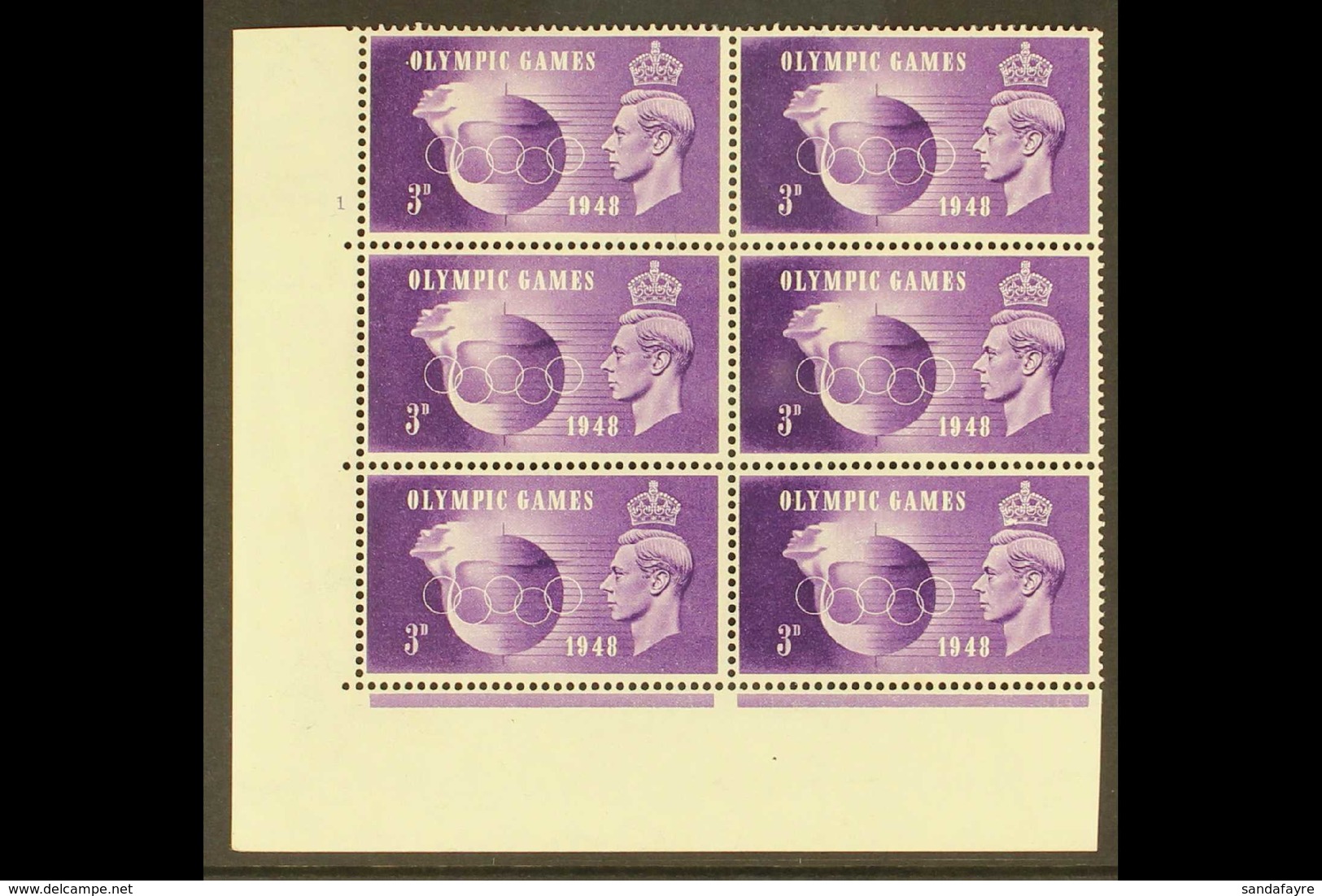 1948 OLYMPIC GAMES VARIETIES  A Never Hinged Mint Cylinder Corner Block Of 6 Stamps (Cyl 1 No Dot) With R. 19/2 "Hooked  - Andere & Zonder Classificatie