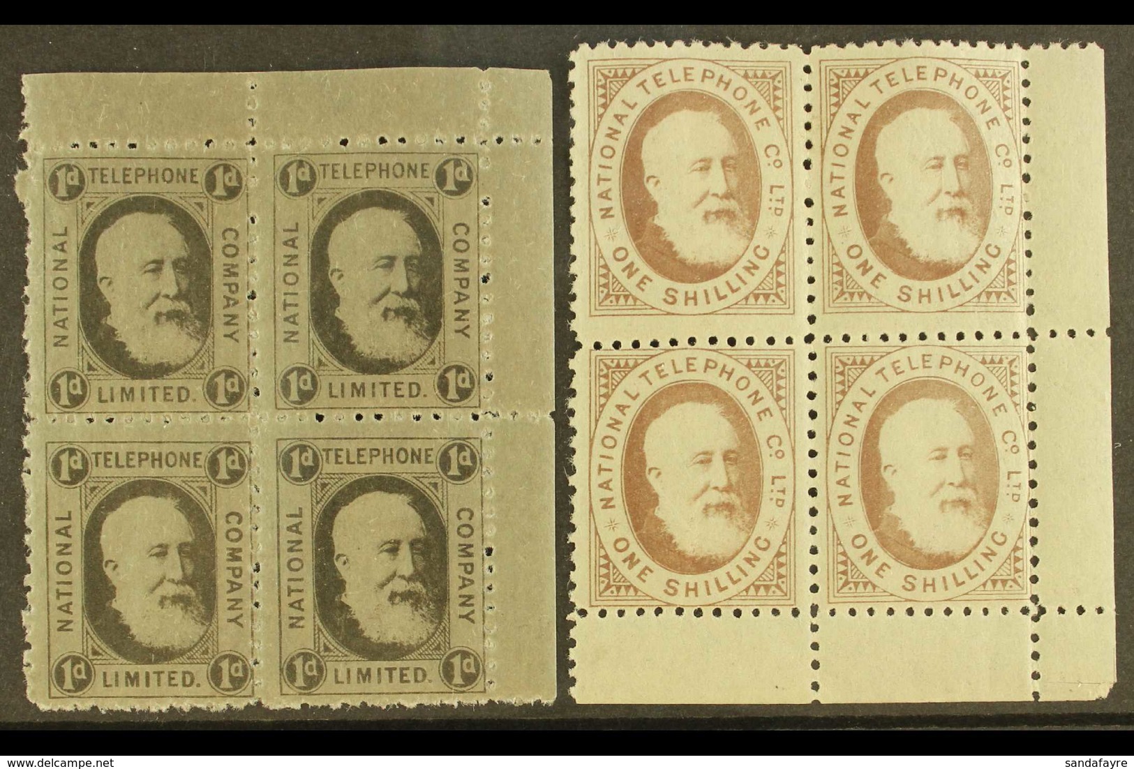 NATIONAL TELEPHONE COMPANY  1884 1d Black And 1s Brown, Barefoot 1 And 5, Both In Very Fine Mint Corner Marginal BLOCKS  - Andere & Zonder Classificatie