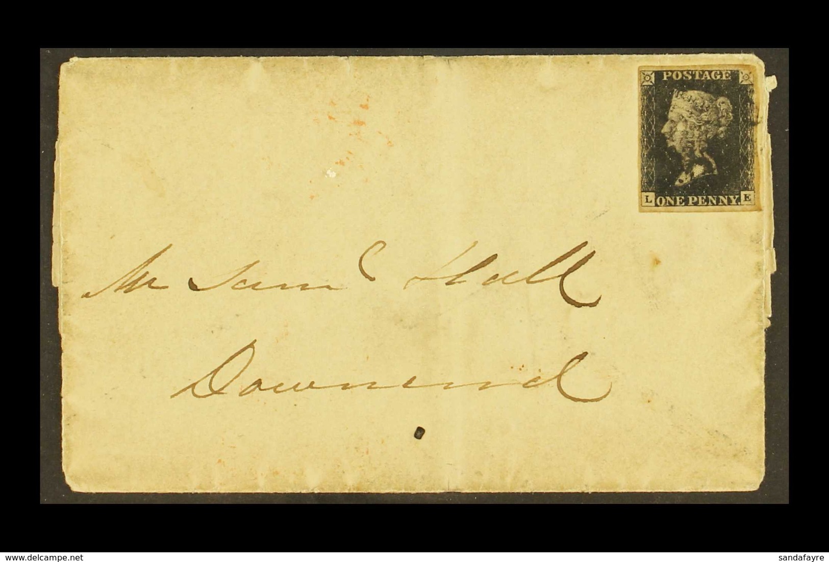 1841 PART COVER .  (19th May) Part Cover Bearing 1d Black, plate 9, Check Letters "L - E", (SG 2), Four Margins, Tied By - Ohne Zuordnung
