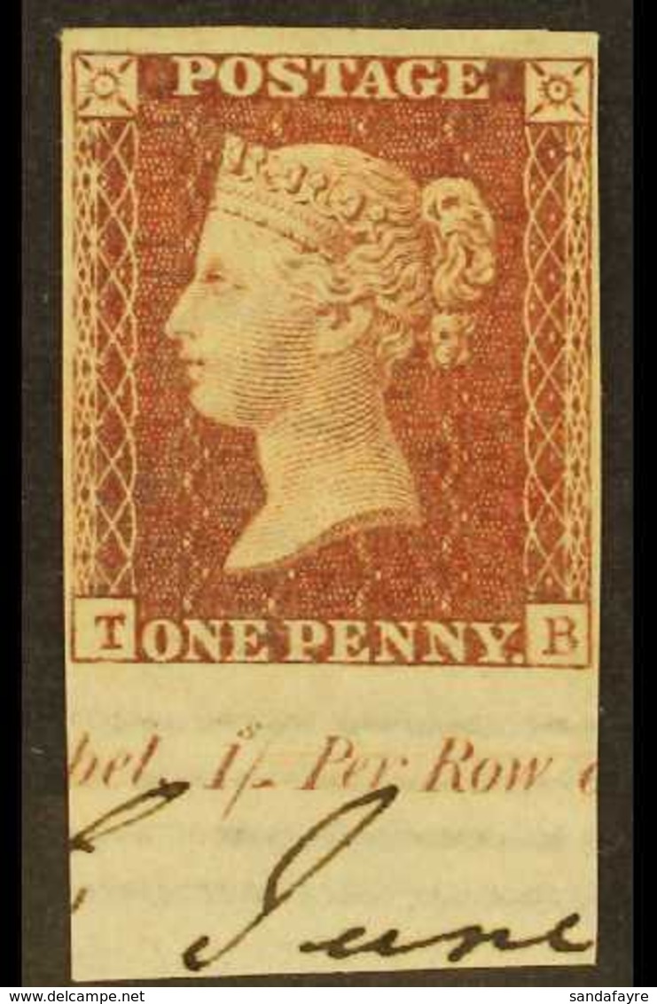 1856  1d Red- Brown 'TB' Plate 48 IMPERF IMPRIMATUR impression On Large Crown Watermark Paper With Portion Of Sheet Marg - Sonstige & Ohne Zuordnung