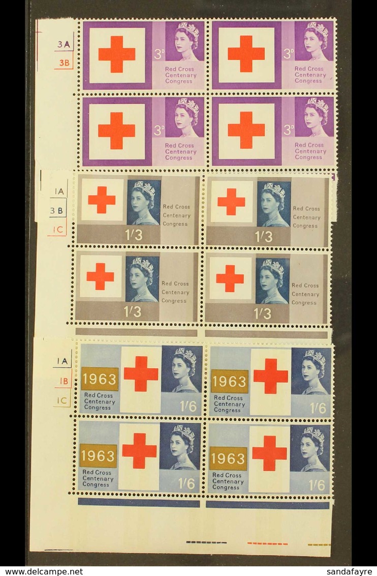 1963  Red Cross Centenary Phosphor Set (SG 642p/44p) In CYLINDER NUMBER BLOCKS OF FOUR, Never Hinged Mint. Scarce! (3 Bl - Altri & Non Classificati