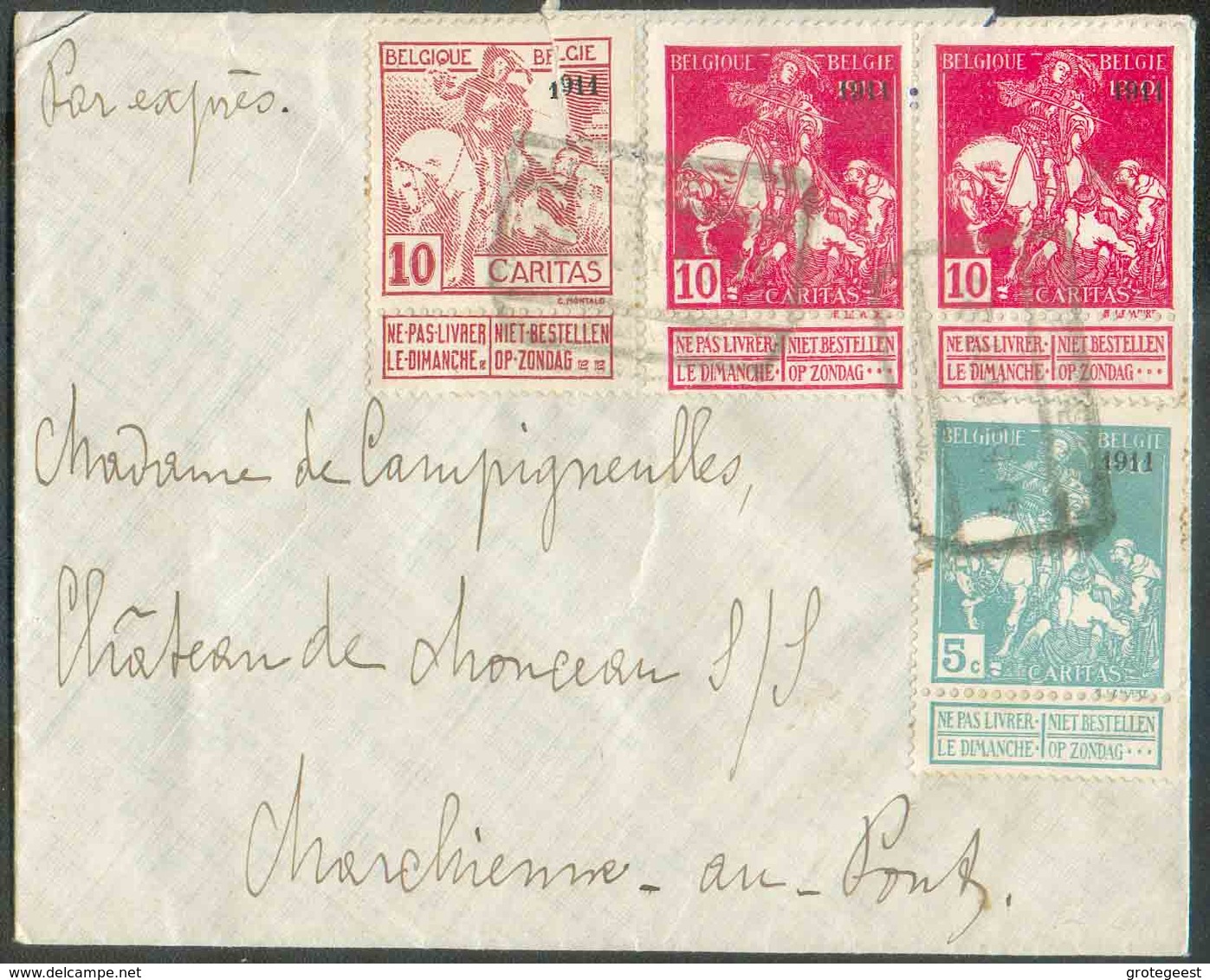 N°97-98(défectueux)-99(x2) CARITAS Surchargée 1911 Obl. Ferroviaire FLOREFFE Sur Enveloppe (ouverte En Haut) En Exprès L - 1910-1911 Caritas