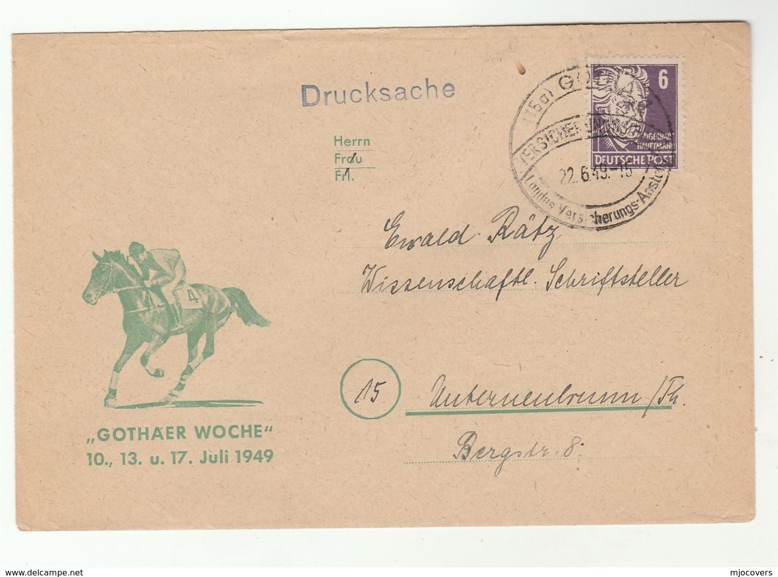 1949 Gotha HORSE RACING  WEEK  Illus ADVERT COVER Germany Stamps Allied Zone Horses Race Sport - Horses