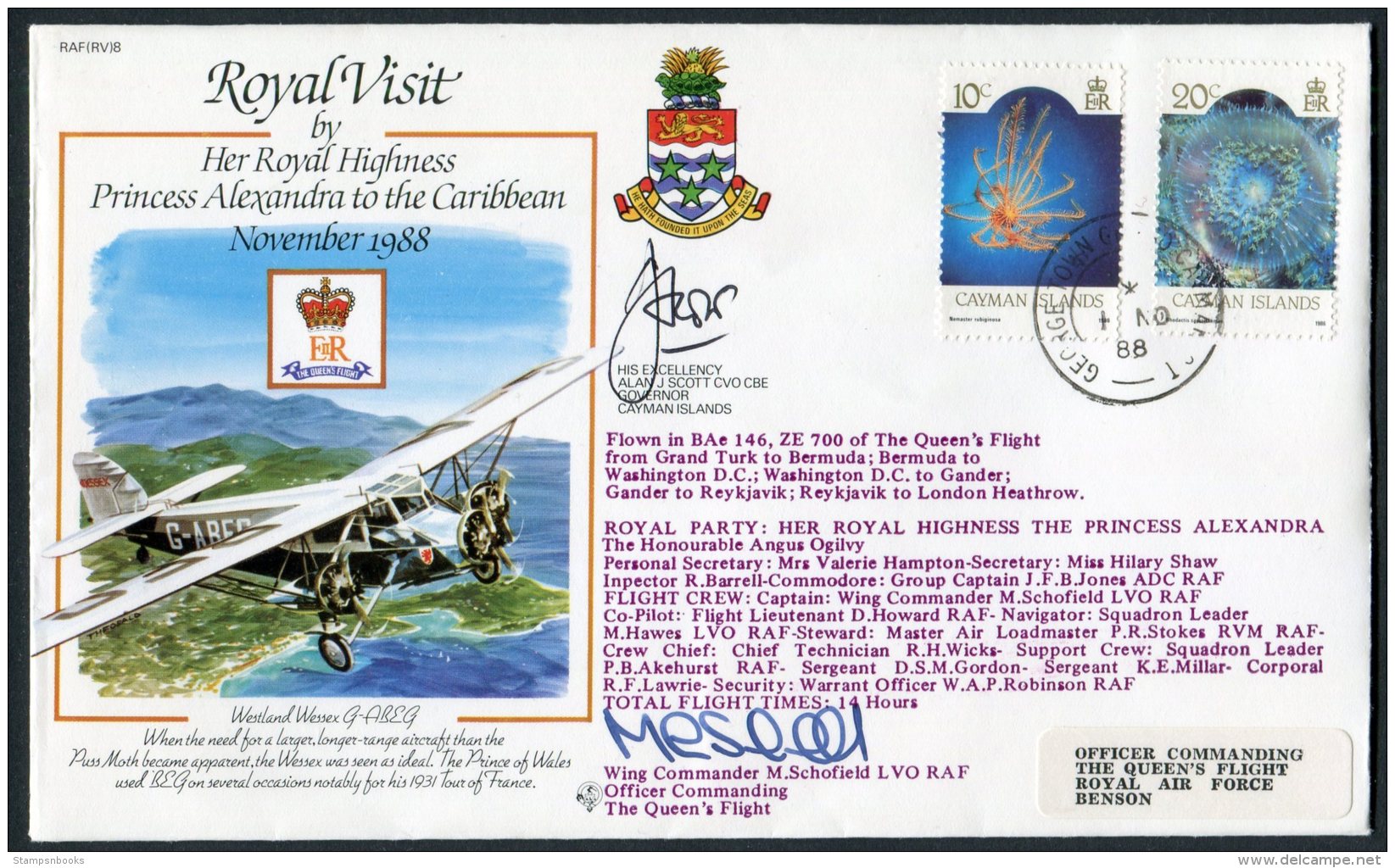 1988 Cayman Royal Visit Signed (Governor + Pilot) Cover. Concorde, RAF Benson - Cayman Islands