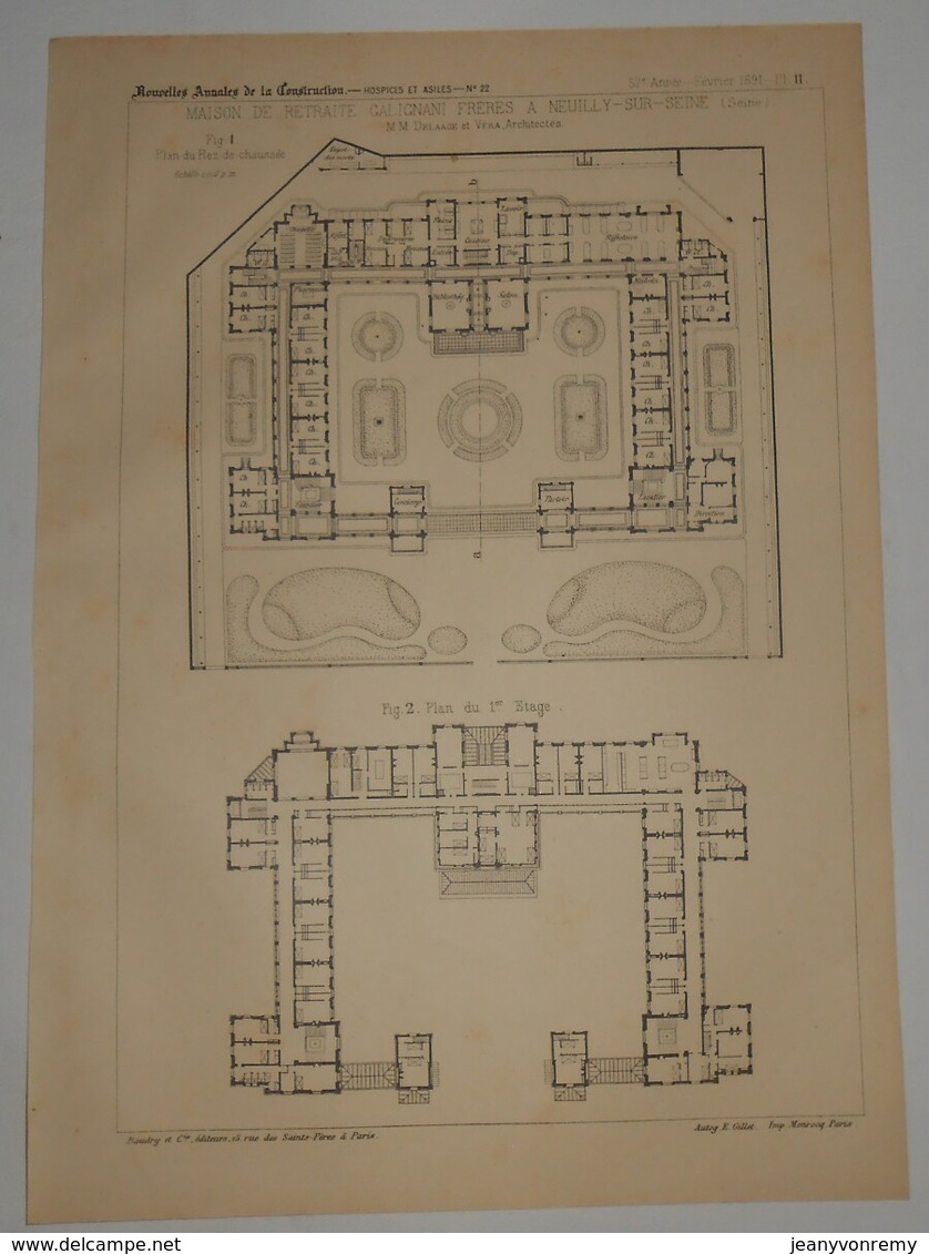 Plan De La Maison De Retraite Galignani Frères à Neuilly Sur Seine. M M. Delaage Et Véra, Architectes. 1891. - Travaux Publics