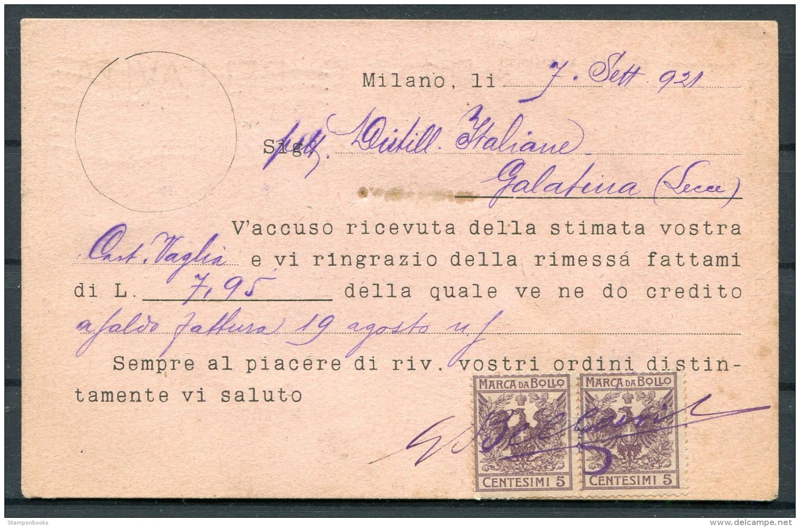 1921 Italy Machinery Postcard Bellavita Milano - Lecce (+ Fiscals / Marca Da Bollo) - Marcofilie