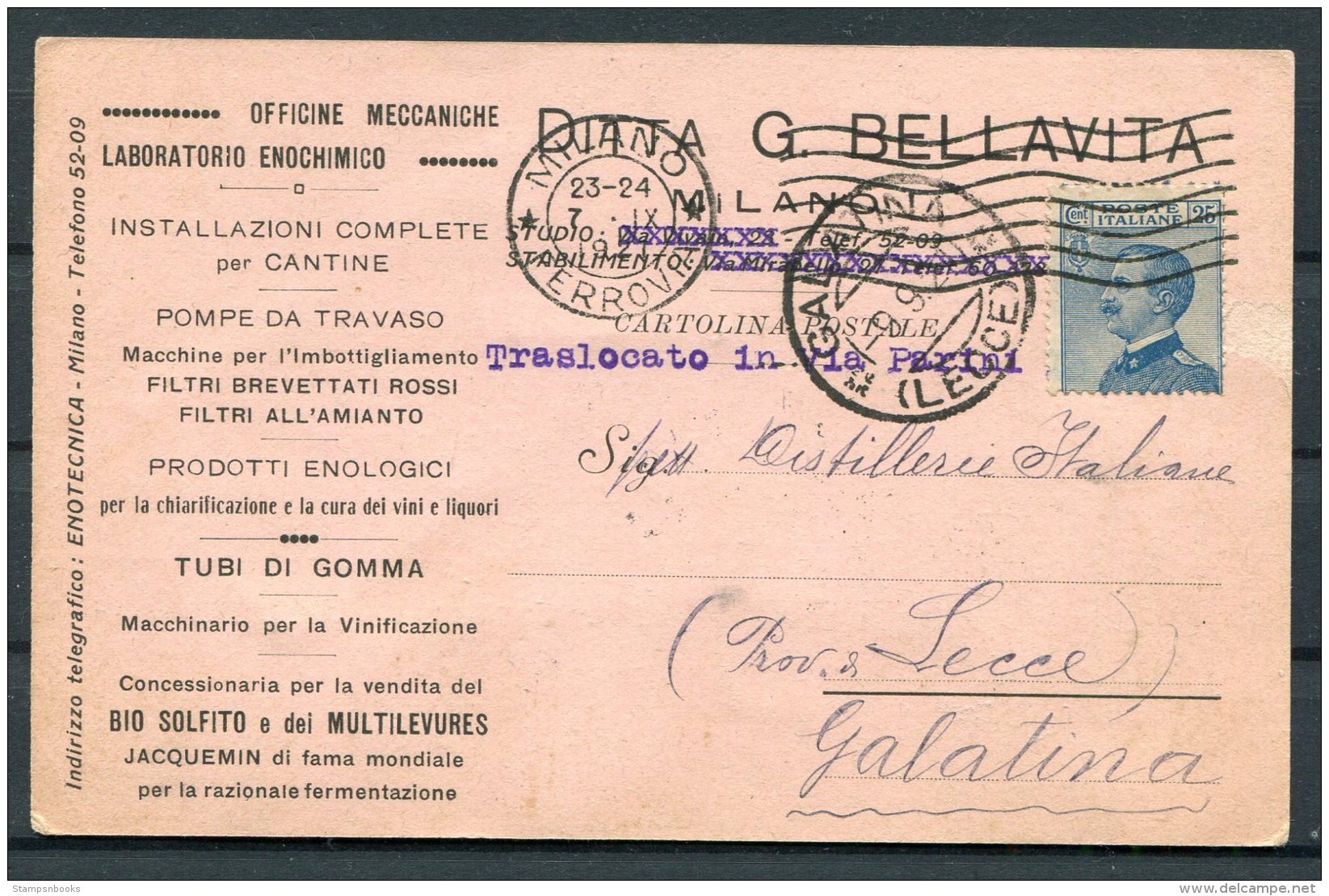 1921 Italy Machinery Postcard Bellavita Milano - Lecce (+ Fiscals / Marca Da Bollo) - Marcofilie