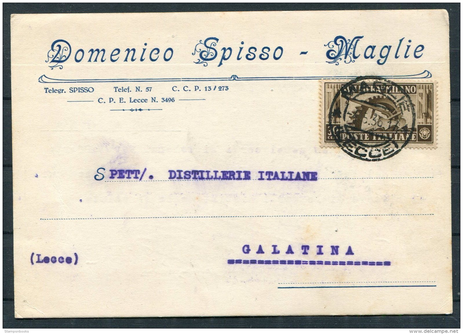 1936 Italy Domenico Spisso, Maglie Postcard - Italiane Distillerie, Galatana Lecce - Marcophilia