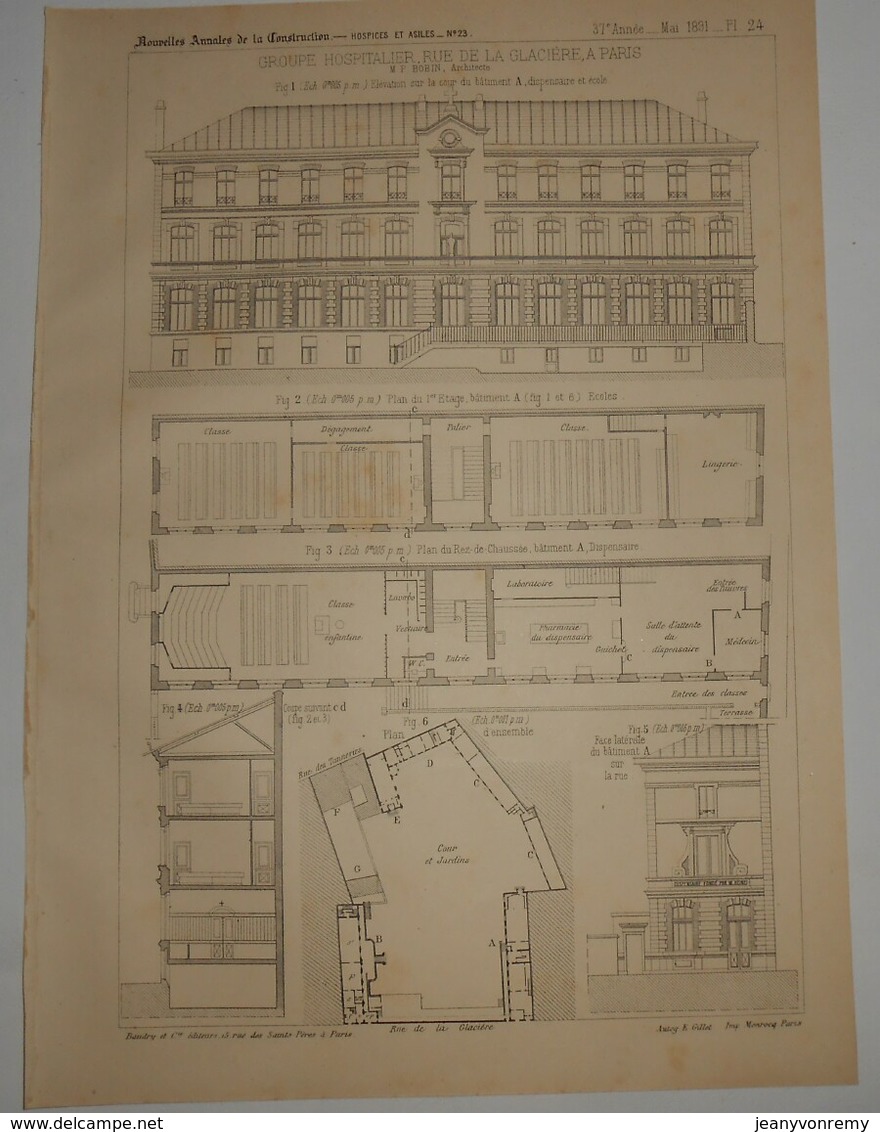 Plan Du Groupe Hospitalier, Rue De La Glacière à Paris.M. P. Bobin, Architecte. 1891. - Travaux Publics