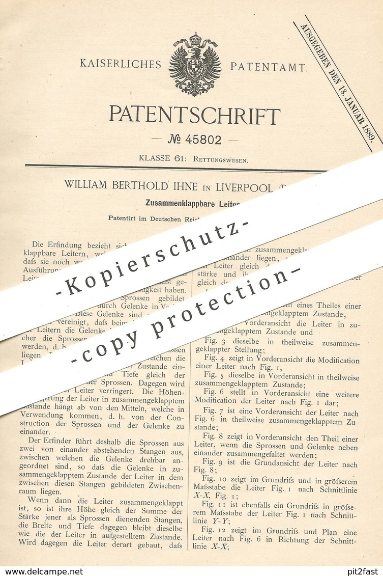 Original Patent - William Berthold Ihne , Liverpool , England , 1888 , Klappbare Leiter | Feuerwehr , Feuerwehrmann !! - Documents Historiques