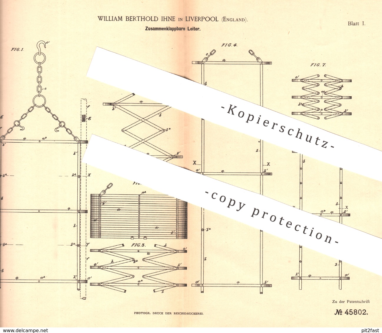 Original Patent - William Berthold Ihne , Liverpool , England , 1888 , Klappbare Leiter | Feuerwehr , Feuerwehrmann !! - Documents Historiques