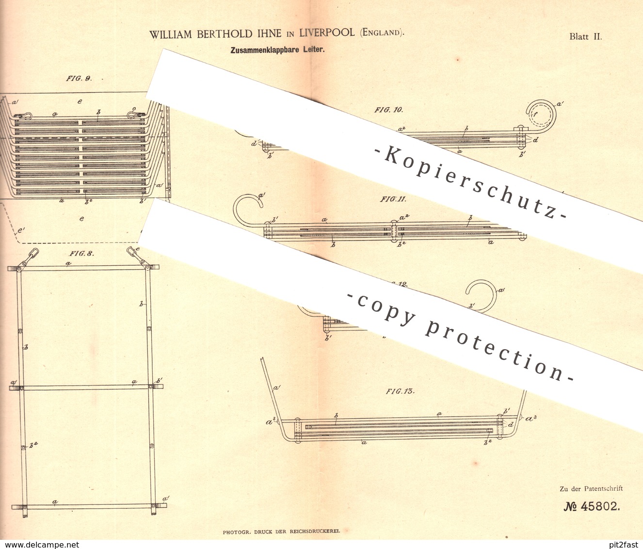 Original Patent - William Berthold Ihne , Liverpool , England , 1888 , Klappbare Leiter | Feuerwehr , Feuerwehrmann !! - Documents Historiques