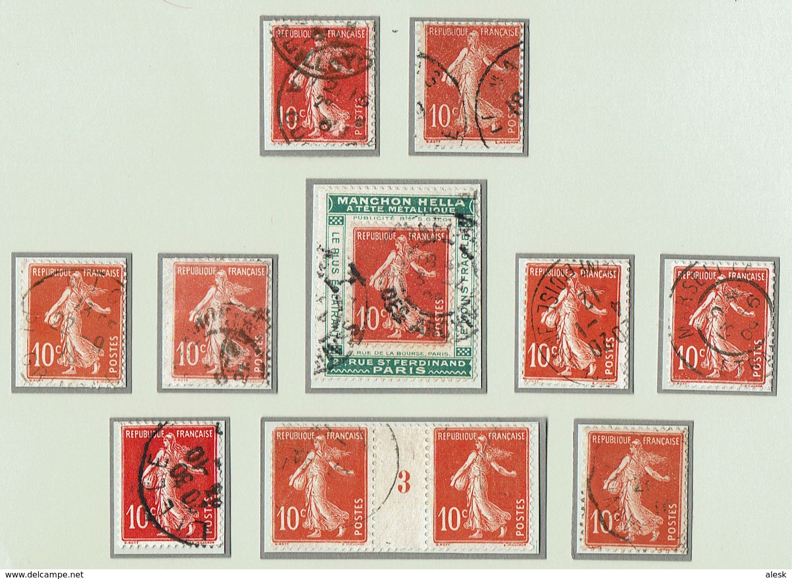 SEMEUSE CAMÉE Lot 33 Timbres N°137 + 135 (ou 138) + 159 + 279 - Millésimes N°139 "3" + Support Timbre Manchon Hella - 1906-38 Sower - Cameo