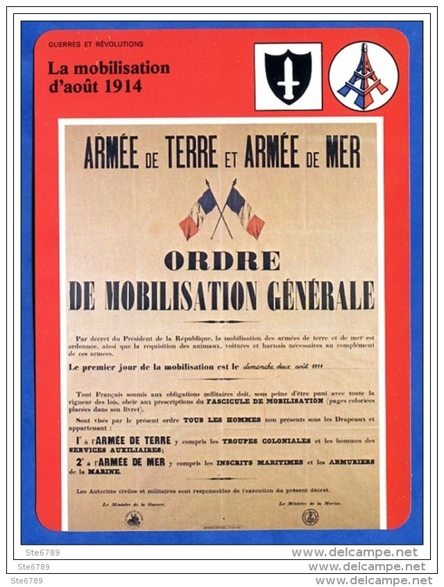 Fiche Illustrée  La Mobilisation D'aout 1914 Guerre   Histoire De France  Guerres Et Révolutions - Histoire