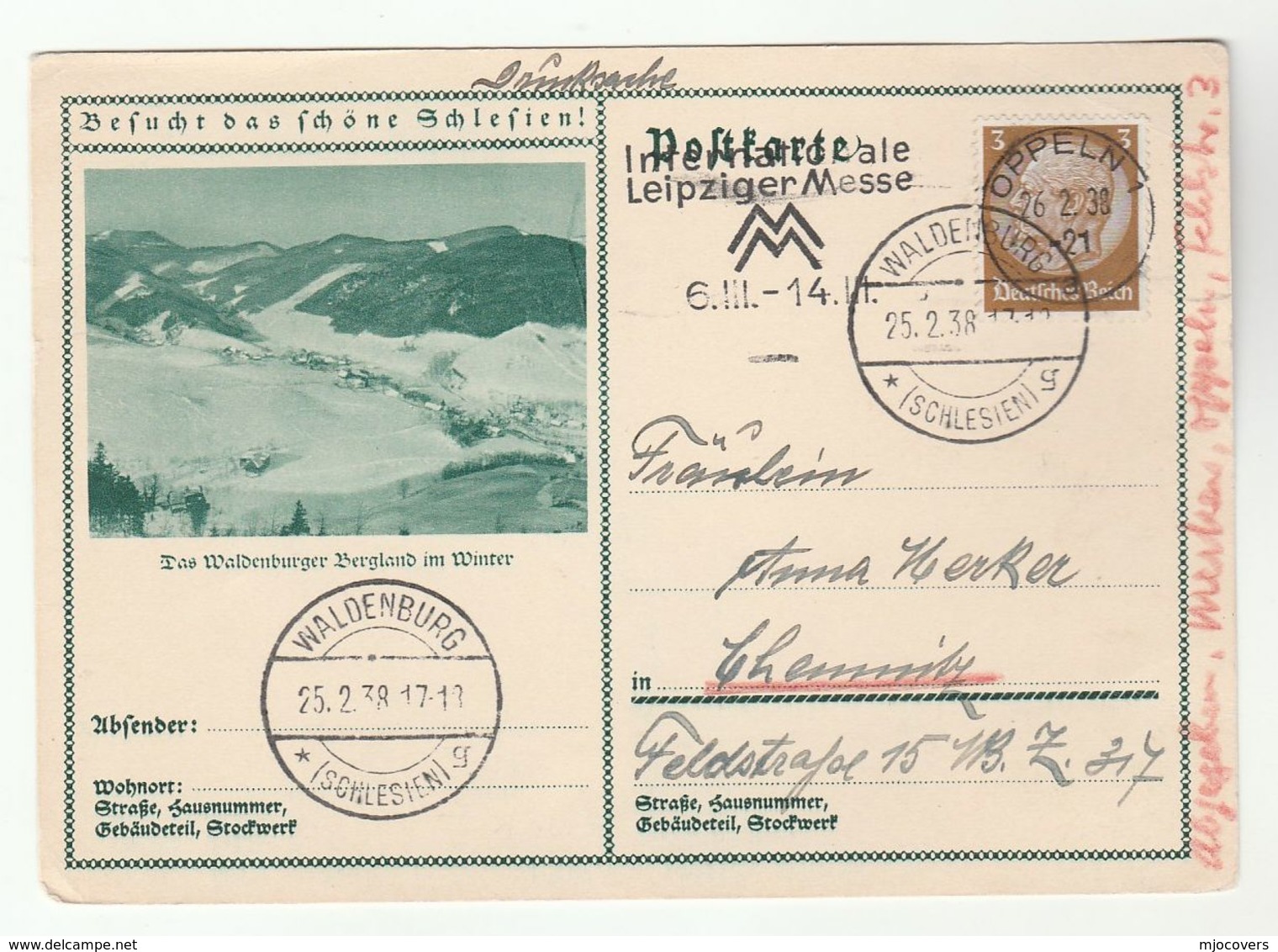1938 WALDENBURG  To CHEMNITZ Redirected  OPPELIN  (postcard Waldenburg) Germany Stamps Cover - Covers & Documents