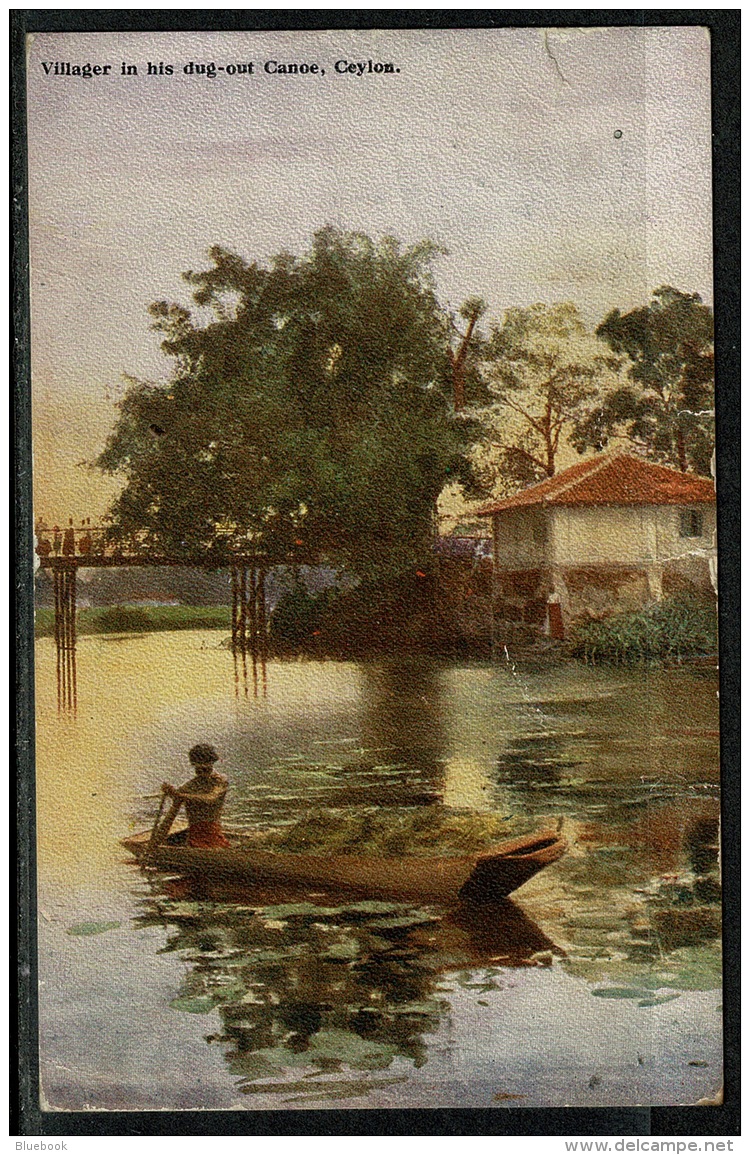 RB 1217 -  Early Ceylon Sri Lanka Postcard - Villager In His Dug-Out Canoe - 6c Rate To UK - Sri Lanka (Ceylon)