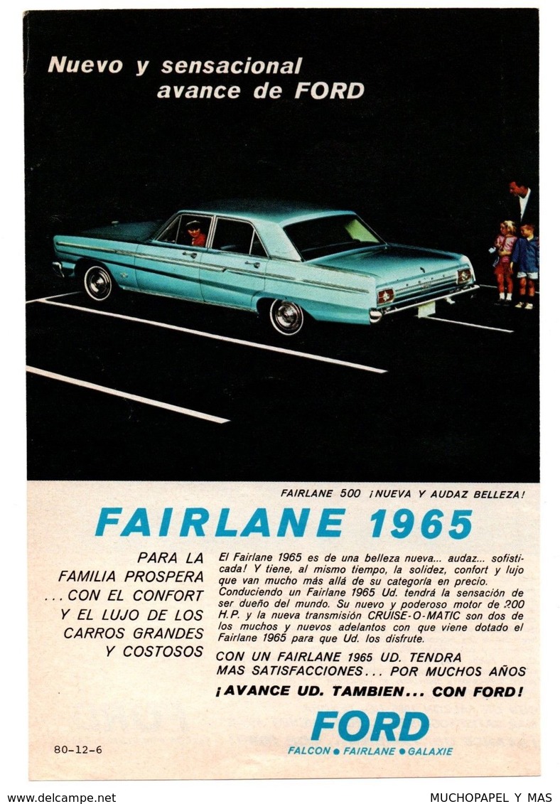 RECORTE DE PRENSA REVISTA O PERIÓDICO PUBLICIDAD COCHE FORD FAIRLANE 1965 FALCON ADVERTISING PRESS CAR AUTOMÓVIL VER FOT - Publicidad